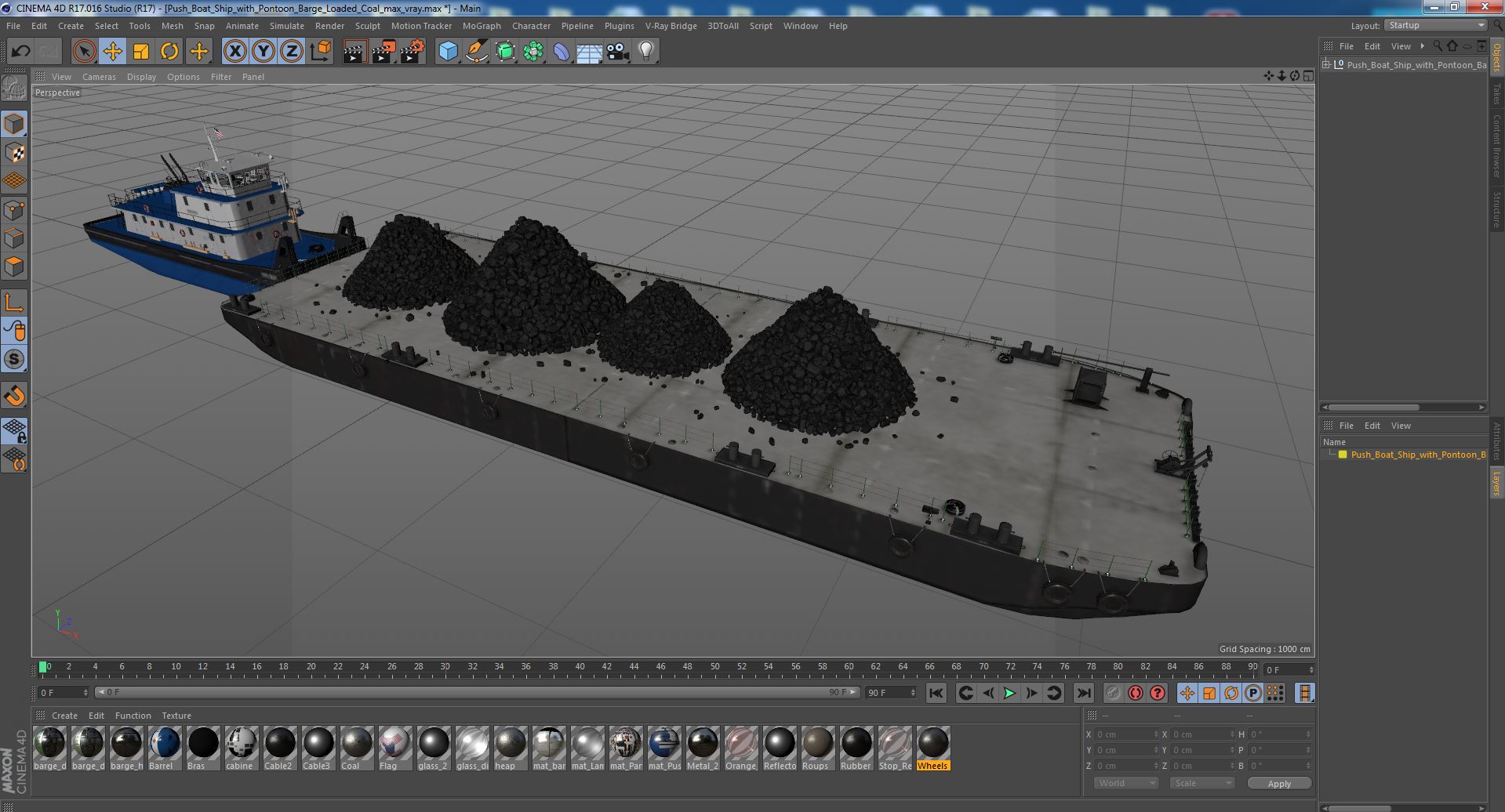 3D model Push Boat Ship with Pontoon Barge Loaded Coal