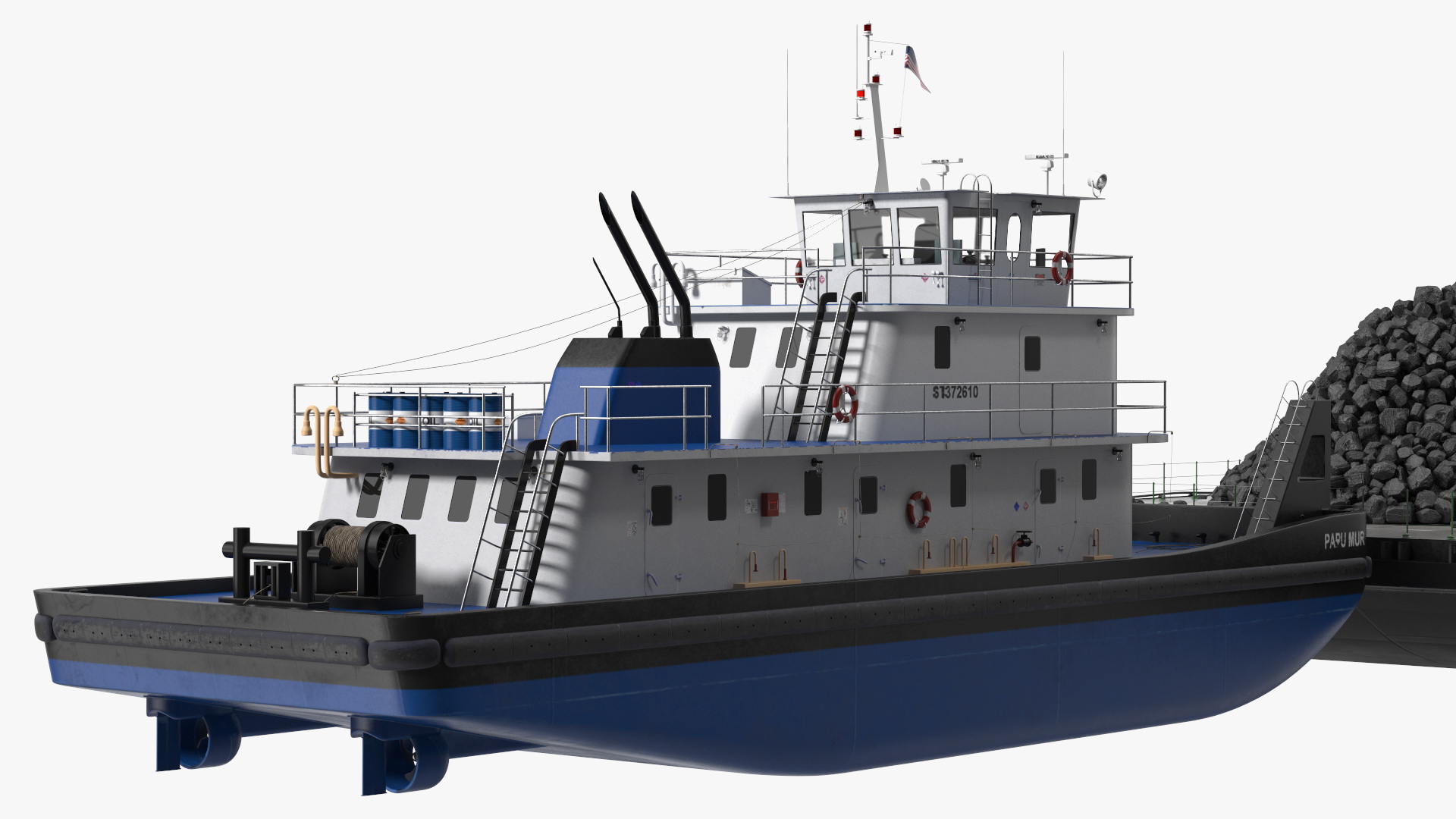 3D model Push Boat Ship with Pontoon Barge Loaded Coal