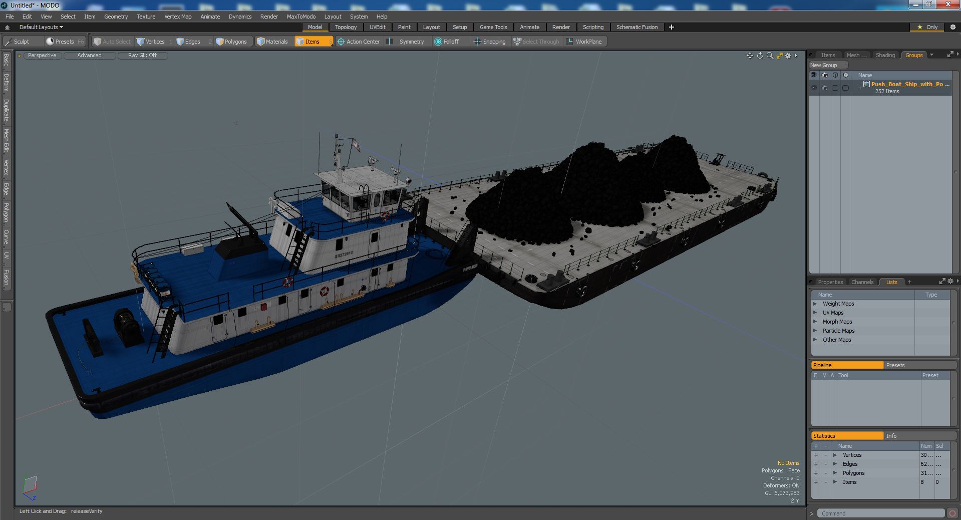 3D model Push Boat Ship with Pontoon Barge Loaded Coal