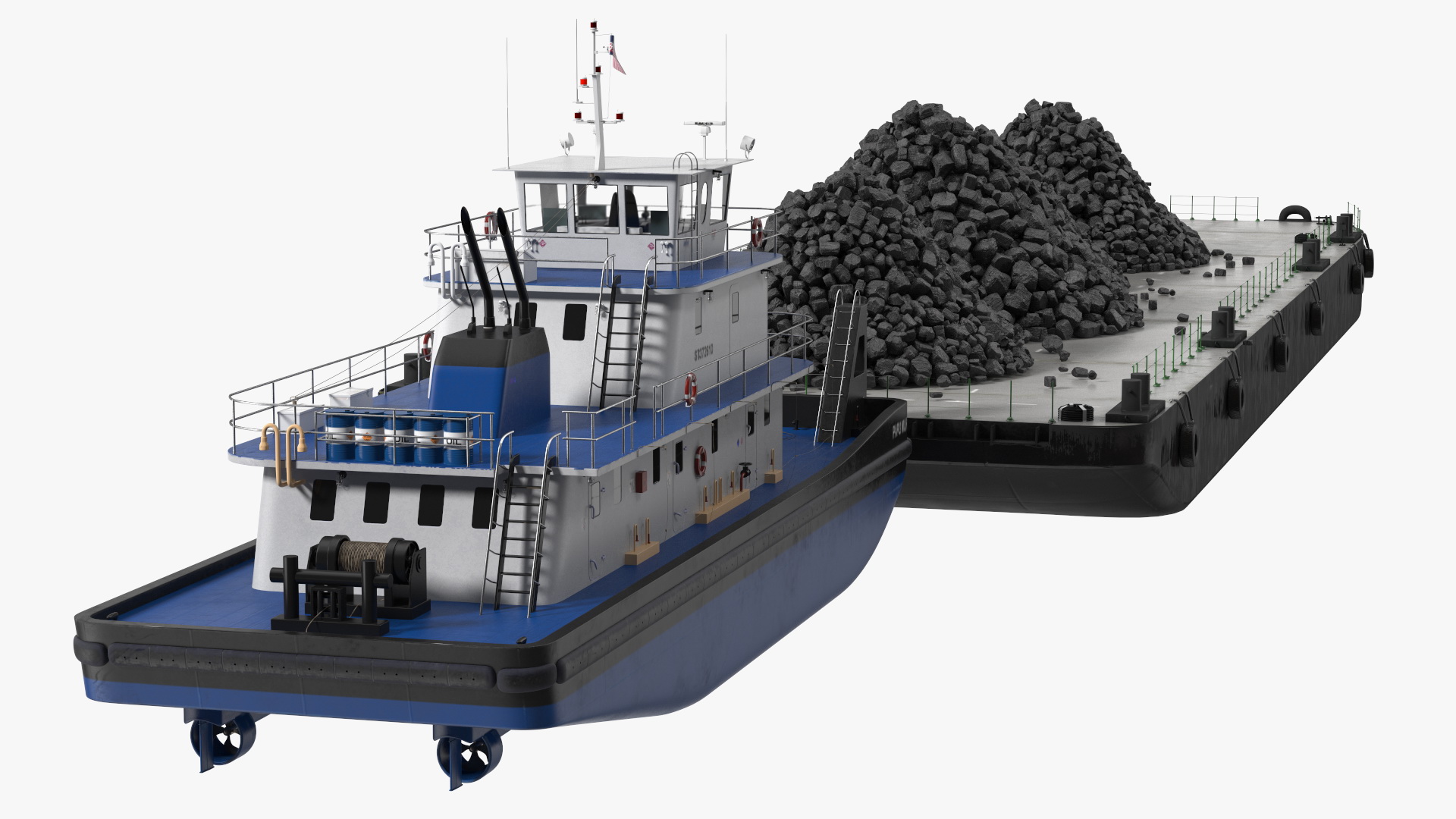 3D model Push Boat Ship with Pontoon Barge Loaded Coal