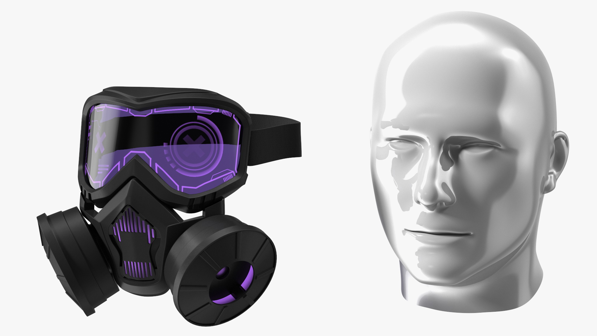 3D Mannequin Head Wearing Cyberpunk Gas Mask Purple model