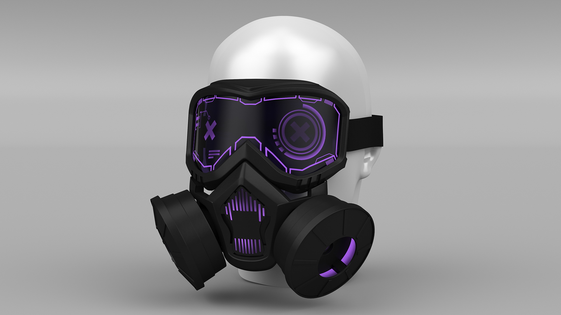 3D Mannequin Head Wearing Cyberpunk Gas Mask Purple model