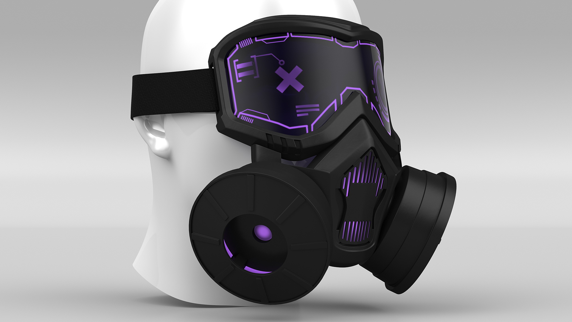 3D Mannequin Head Wearing Cyberpunk Gas Mask Purple model