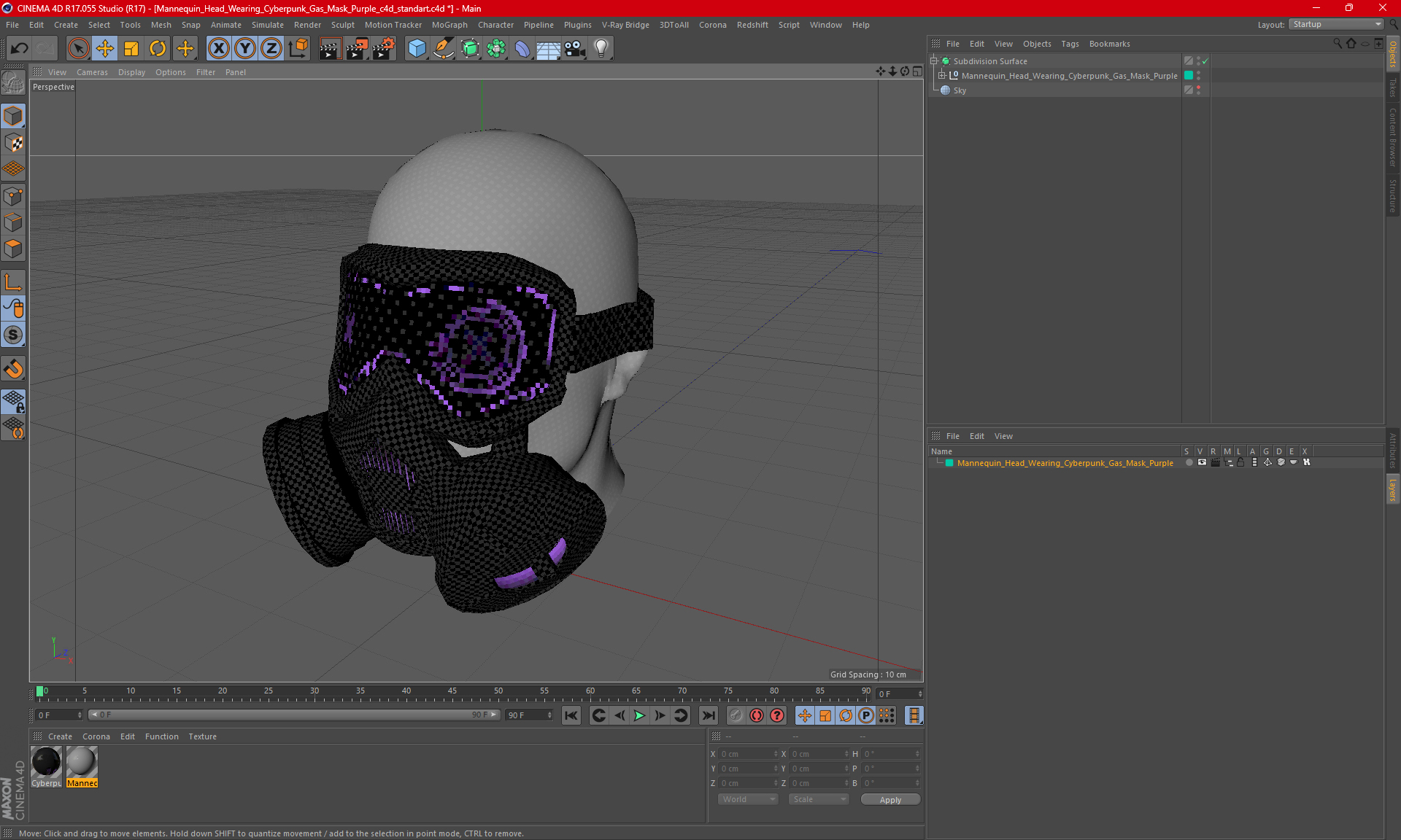 3D Mannequin Head Wearing Cyberpunk Gas Mask Purple model