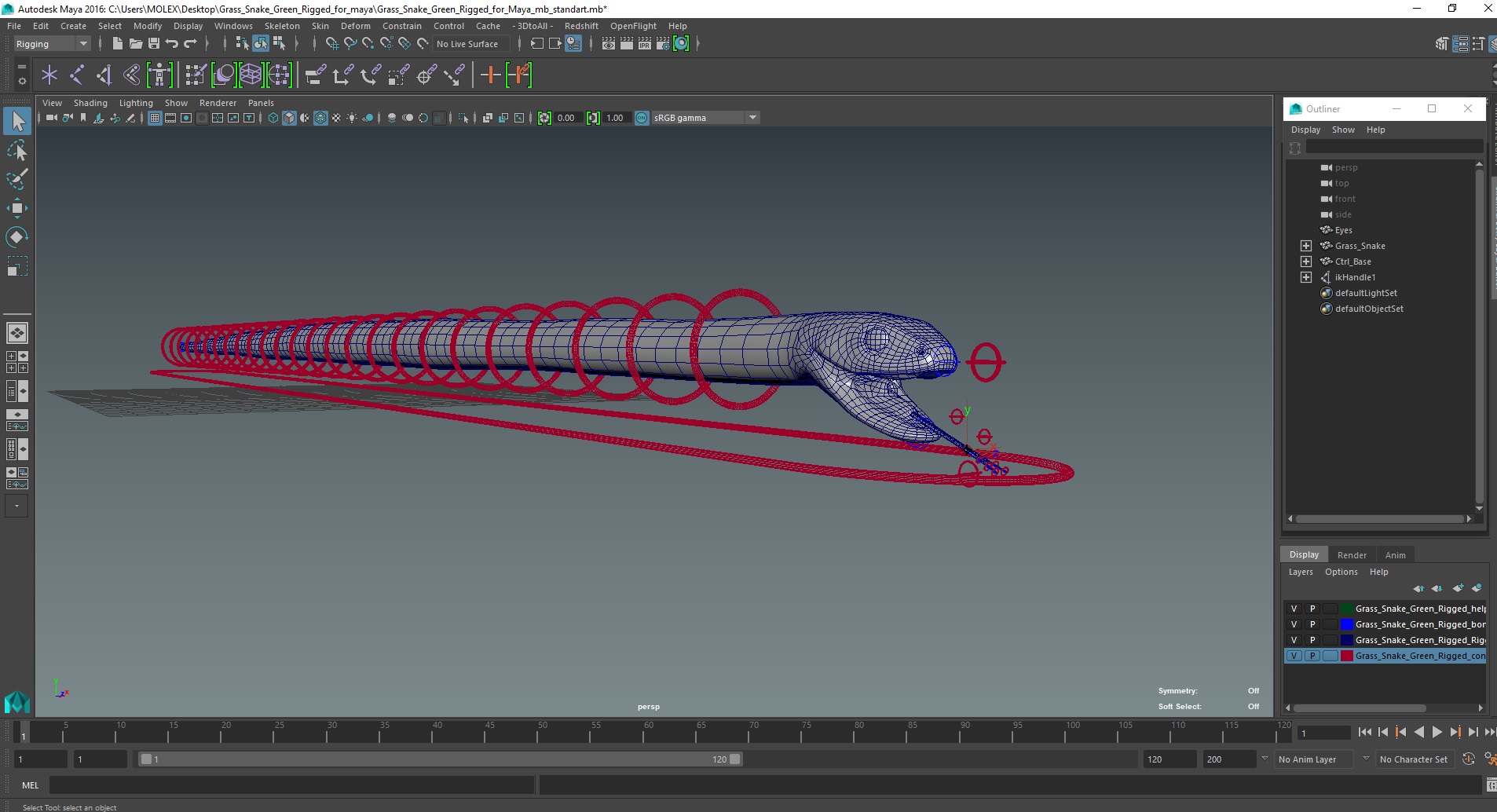 3D Grass Snake Green Rigged for Maya model