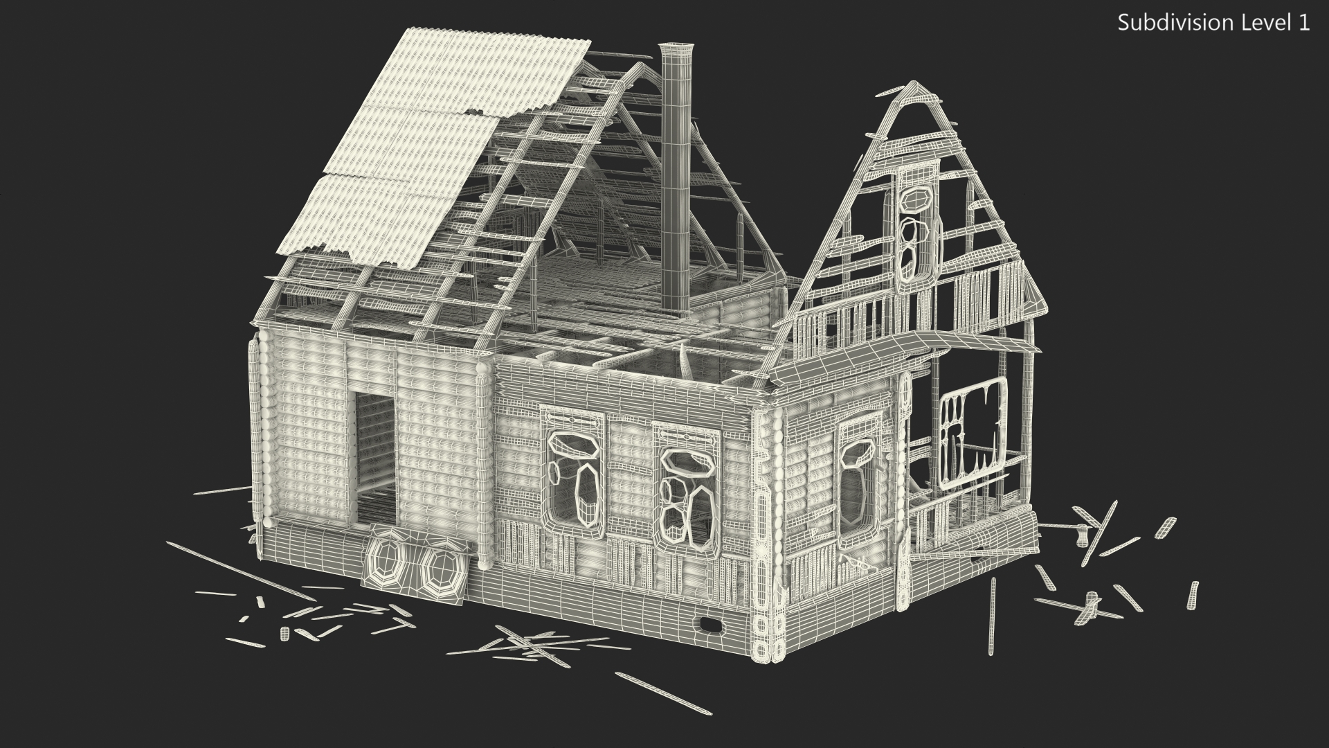 Burnt Wooden House Green 3D model