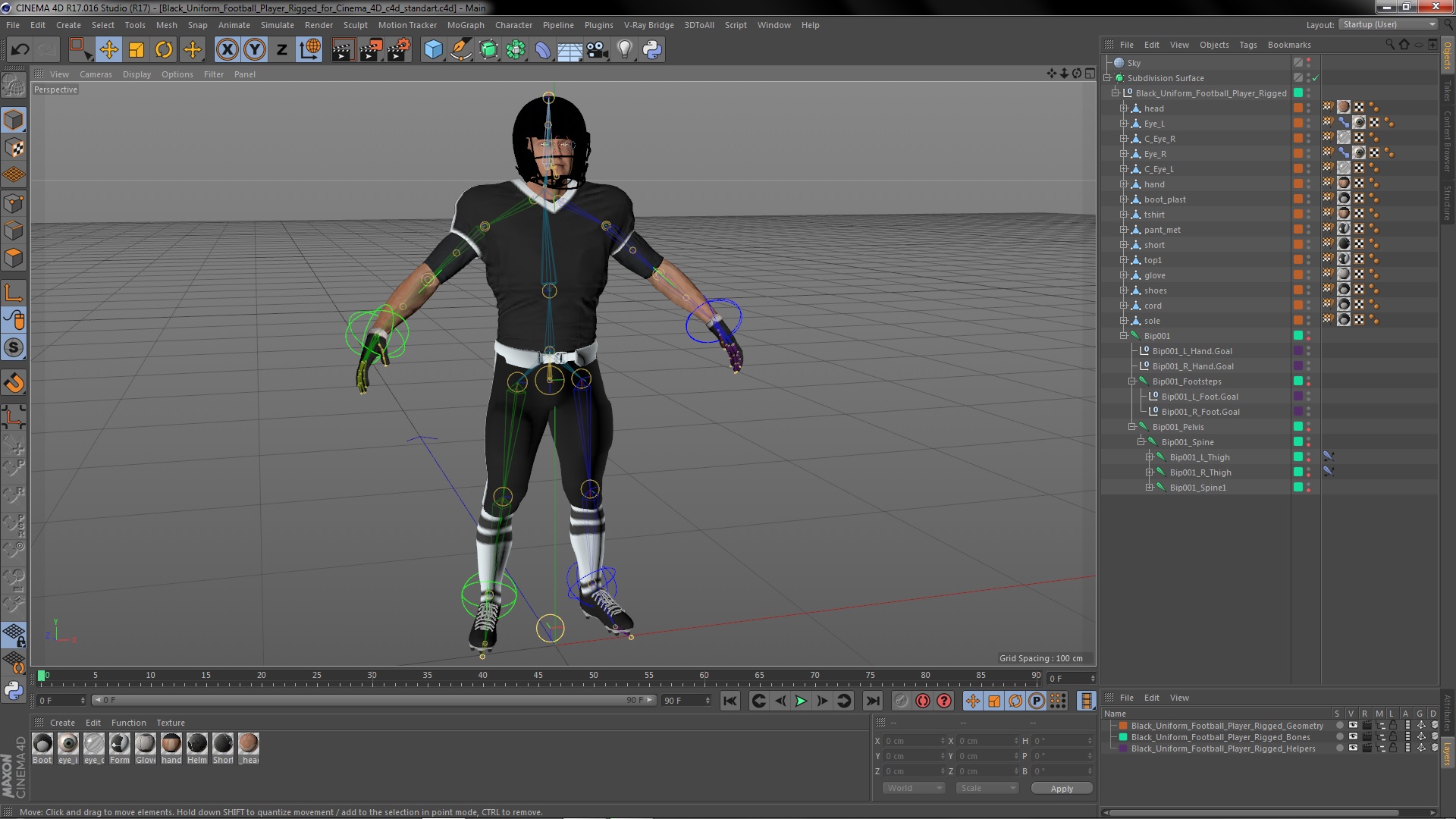 3D model Black Uniform Football Player Rigged for Cinema 4D