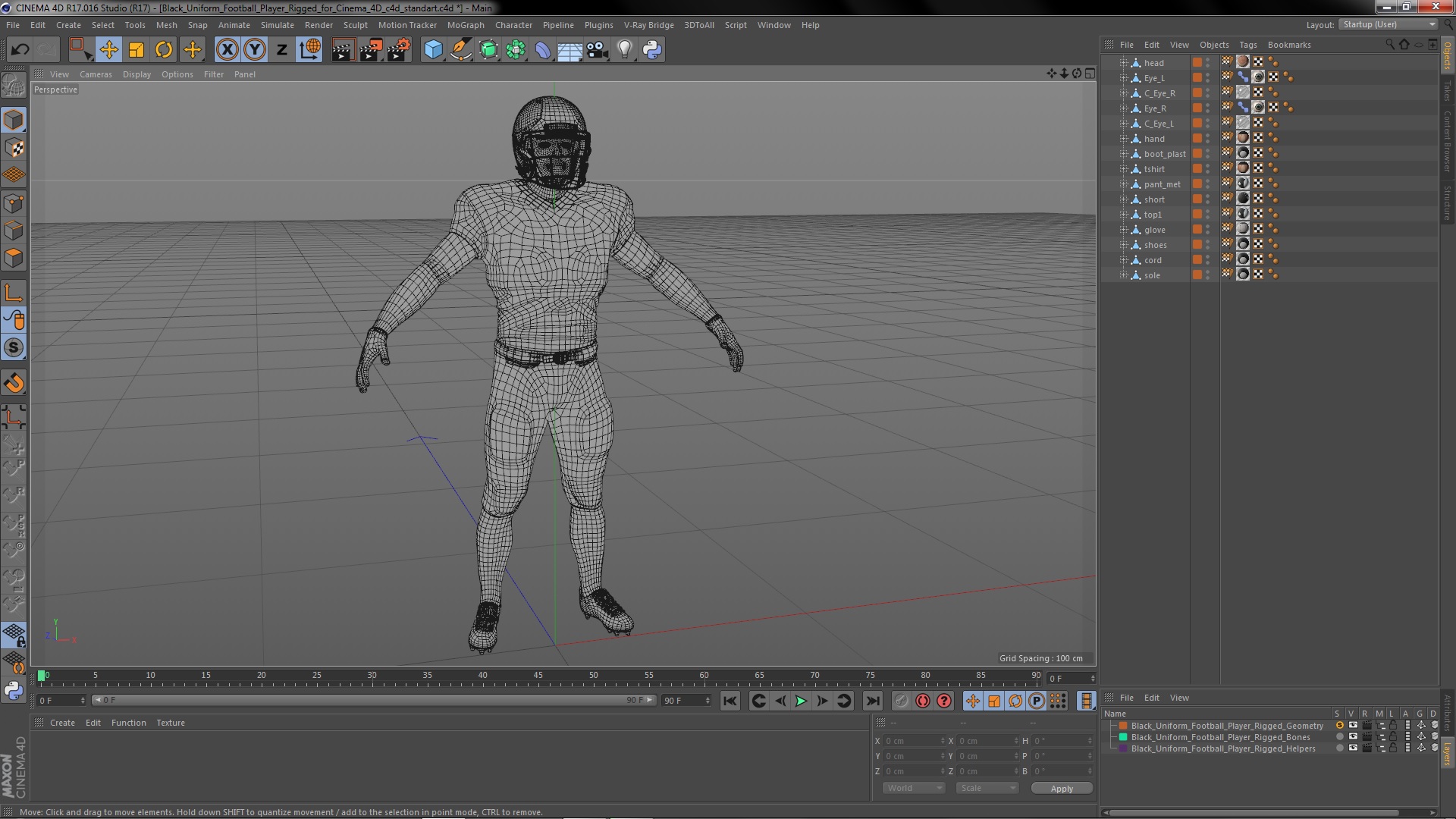 3D model Black Uniform Football Player Rigged for Cinema 4D