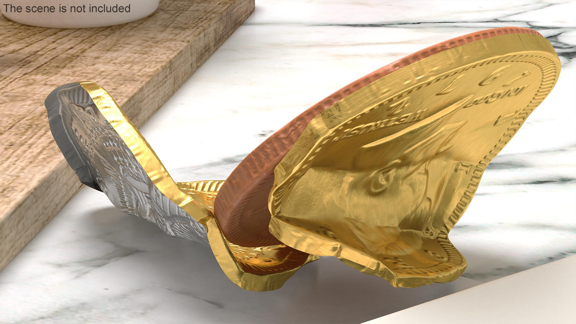 3D Chocolate Coin with Torned Golden Foil Wrapper