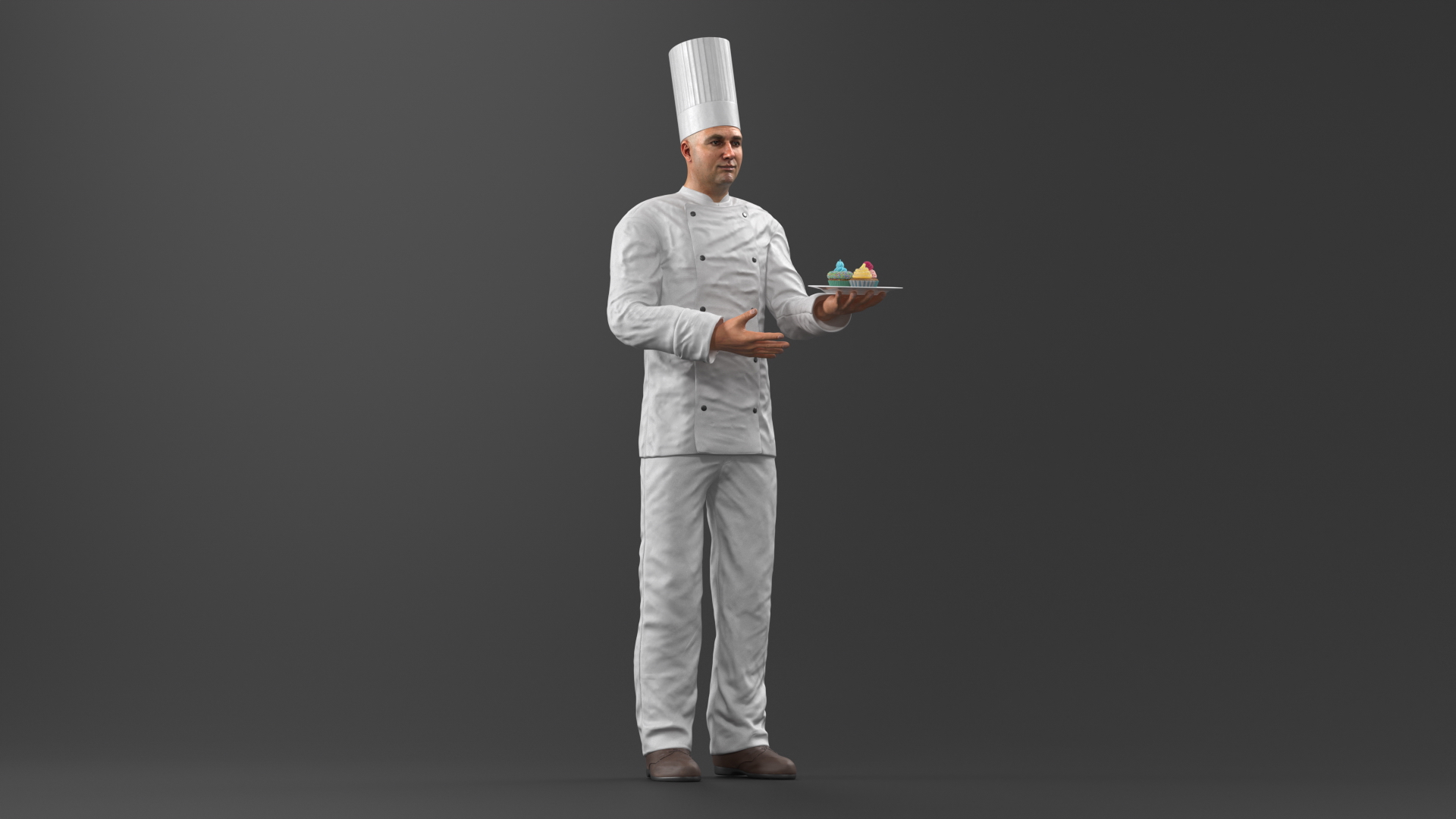 Chef with Plate of Cupcakes 3D