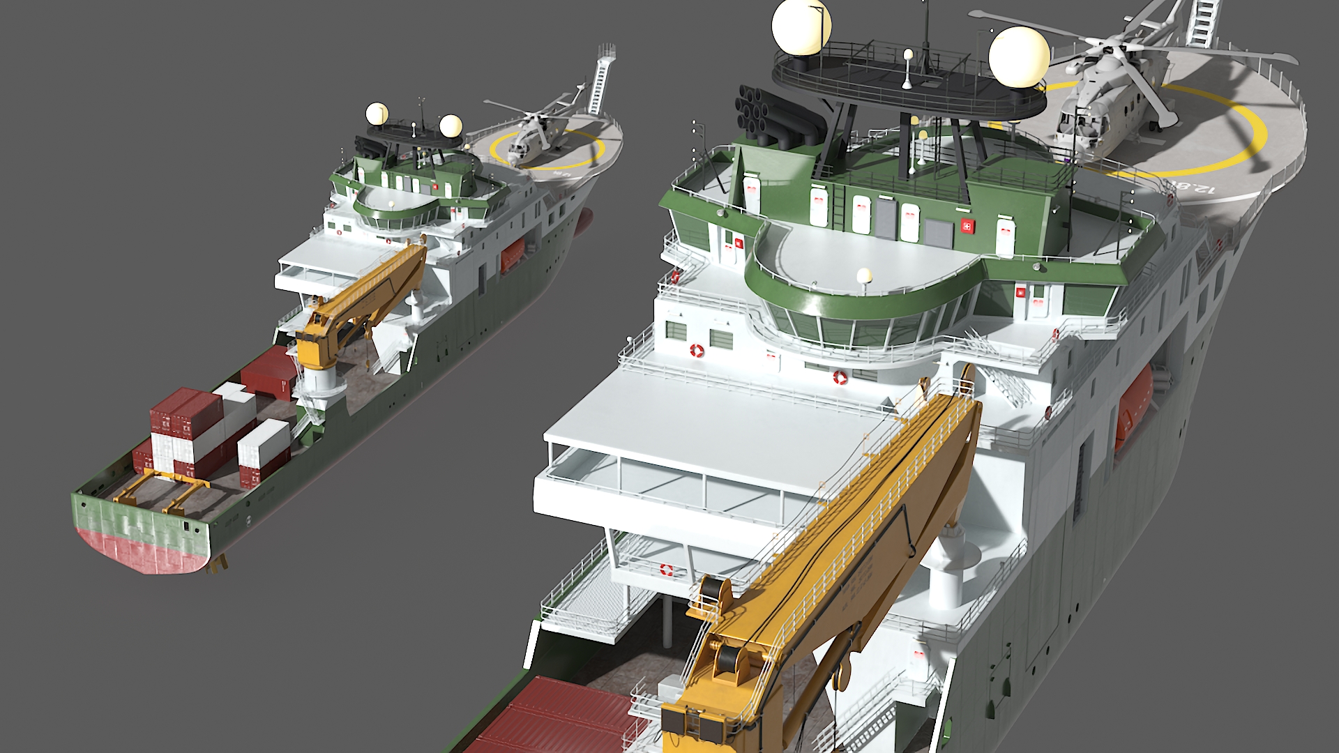 3D Research Vessel with Helicopter and Containers