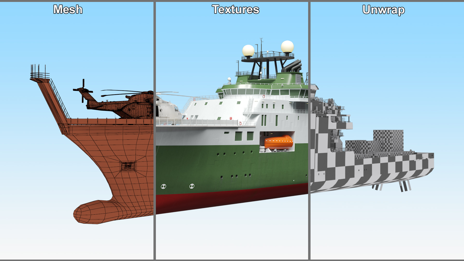 3D Research Vessel with Helicopter and Containers