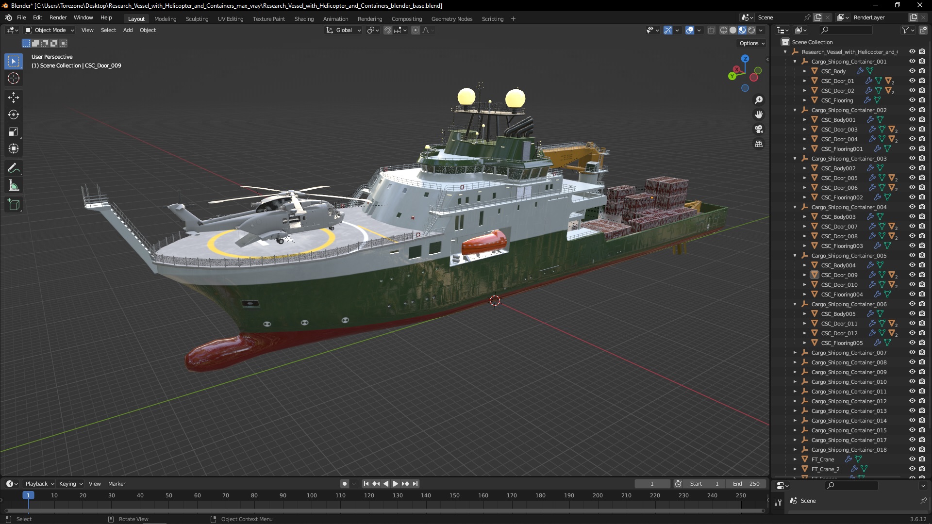 3D Research Vessel with Helicopter and Containers