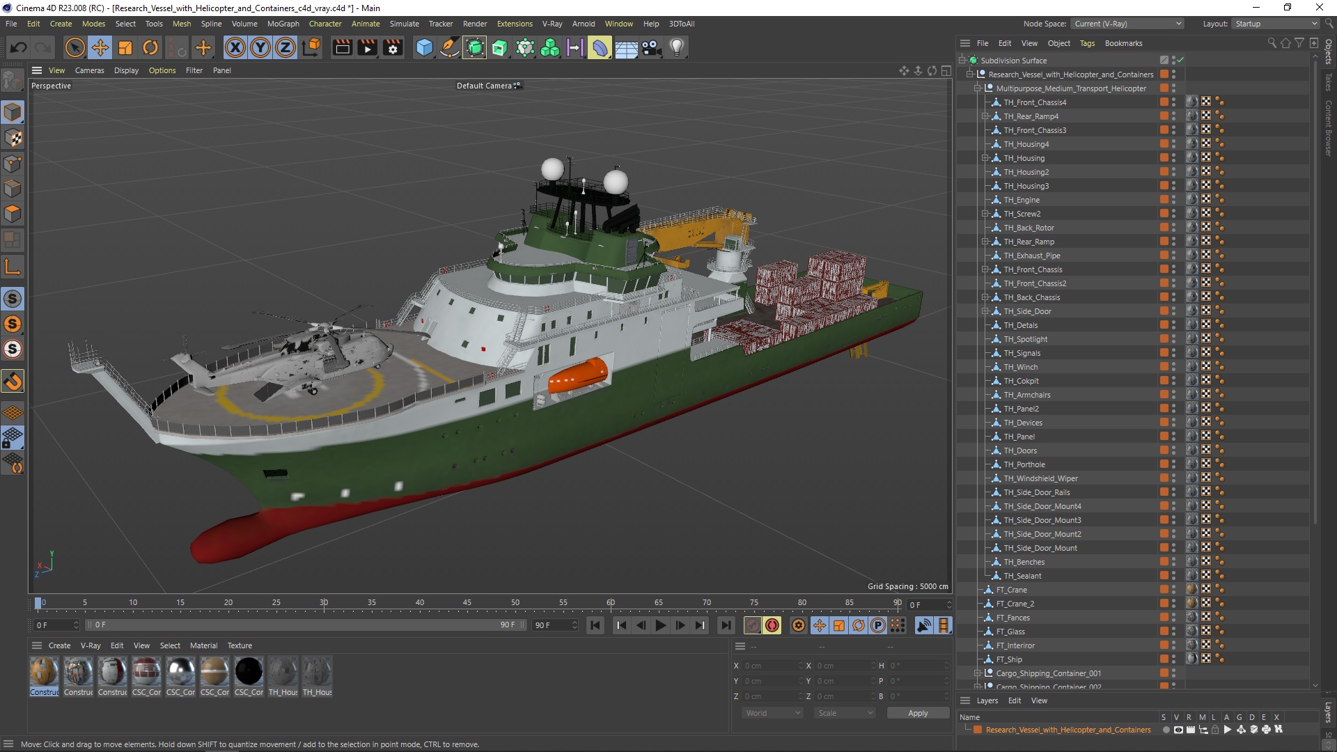 3D Research Vessel with Helicopter and Containers