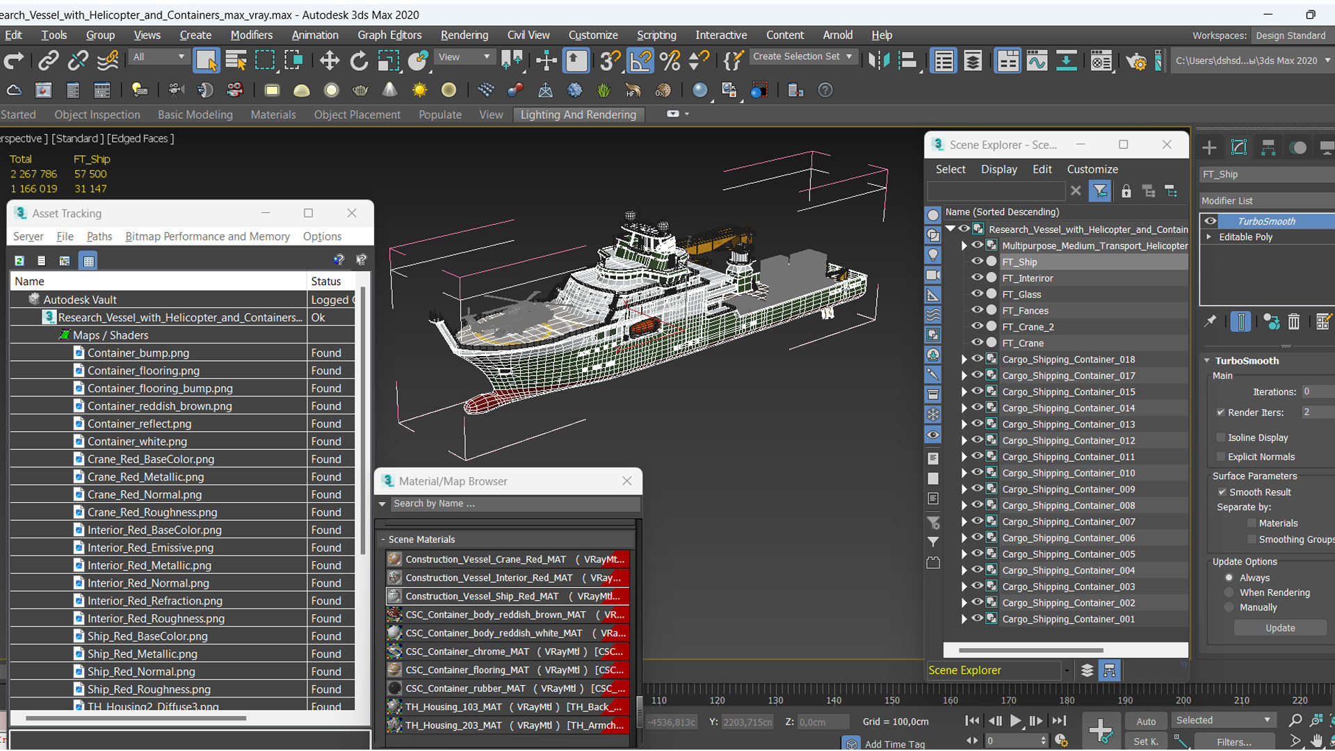 3D Research Vessel with Helicopter and Containers