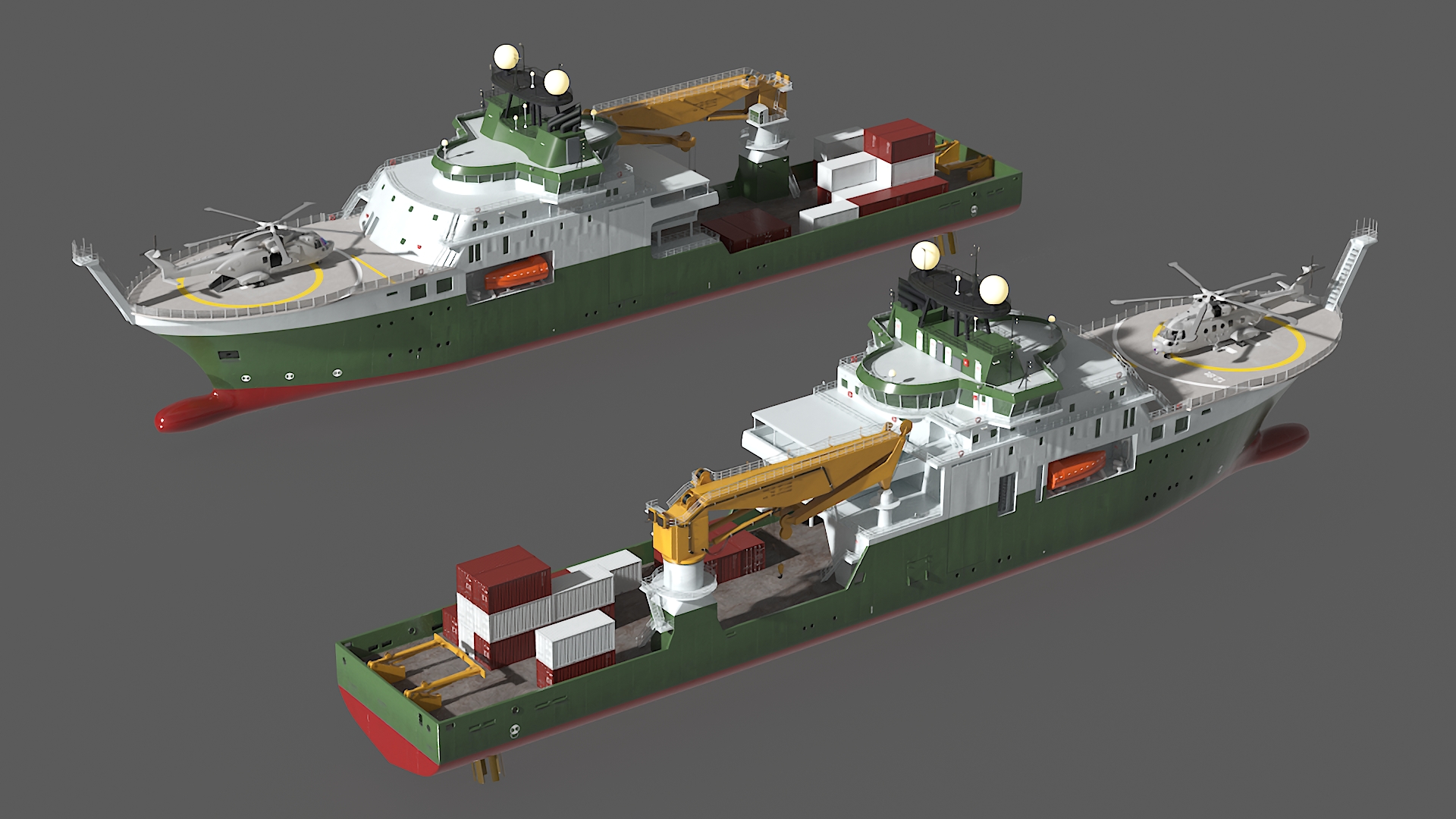 3D Research Vessel with Helicopter and Containers