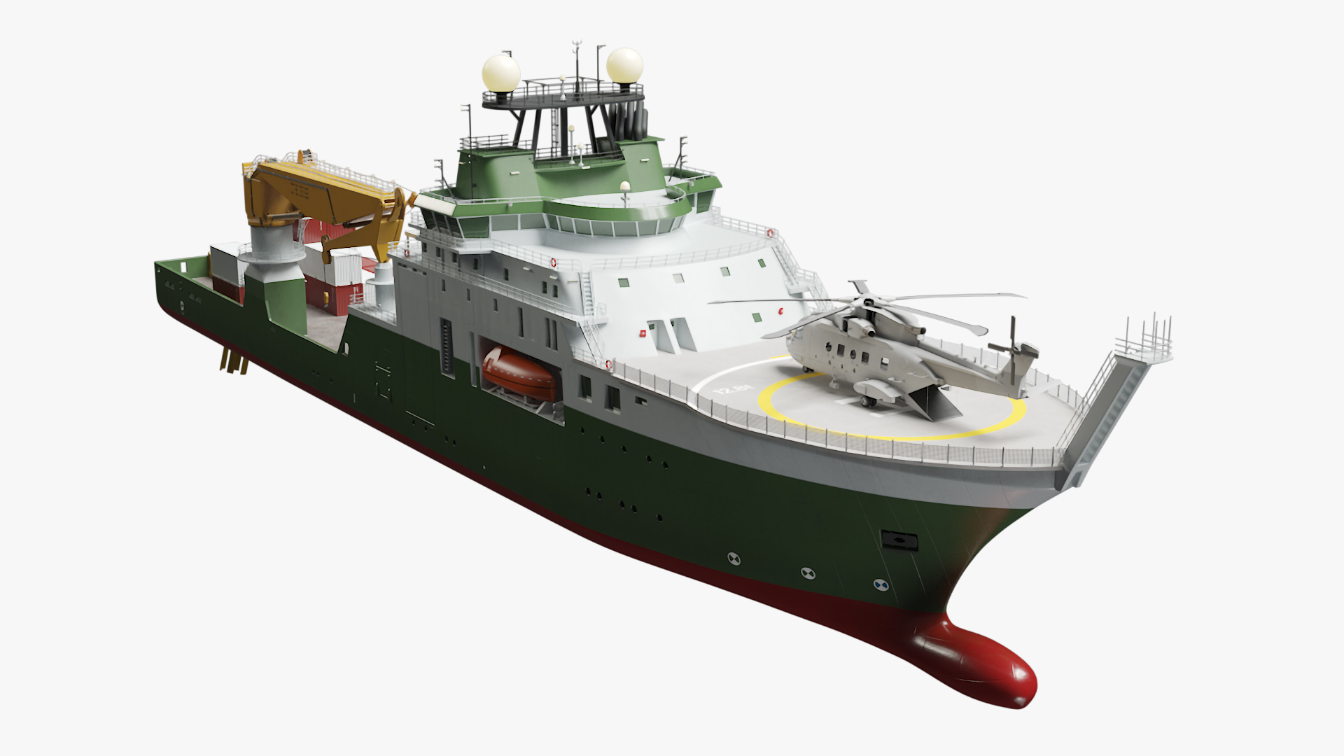 3D Research Vessel with Helicopter and Containers