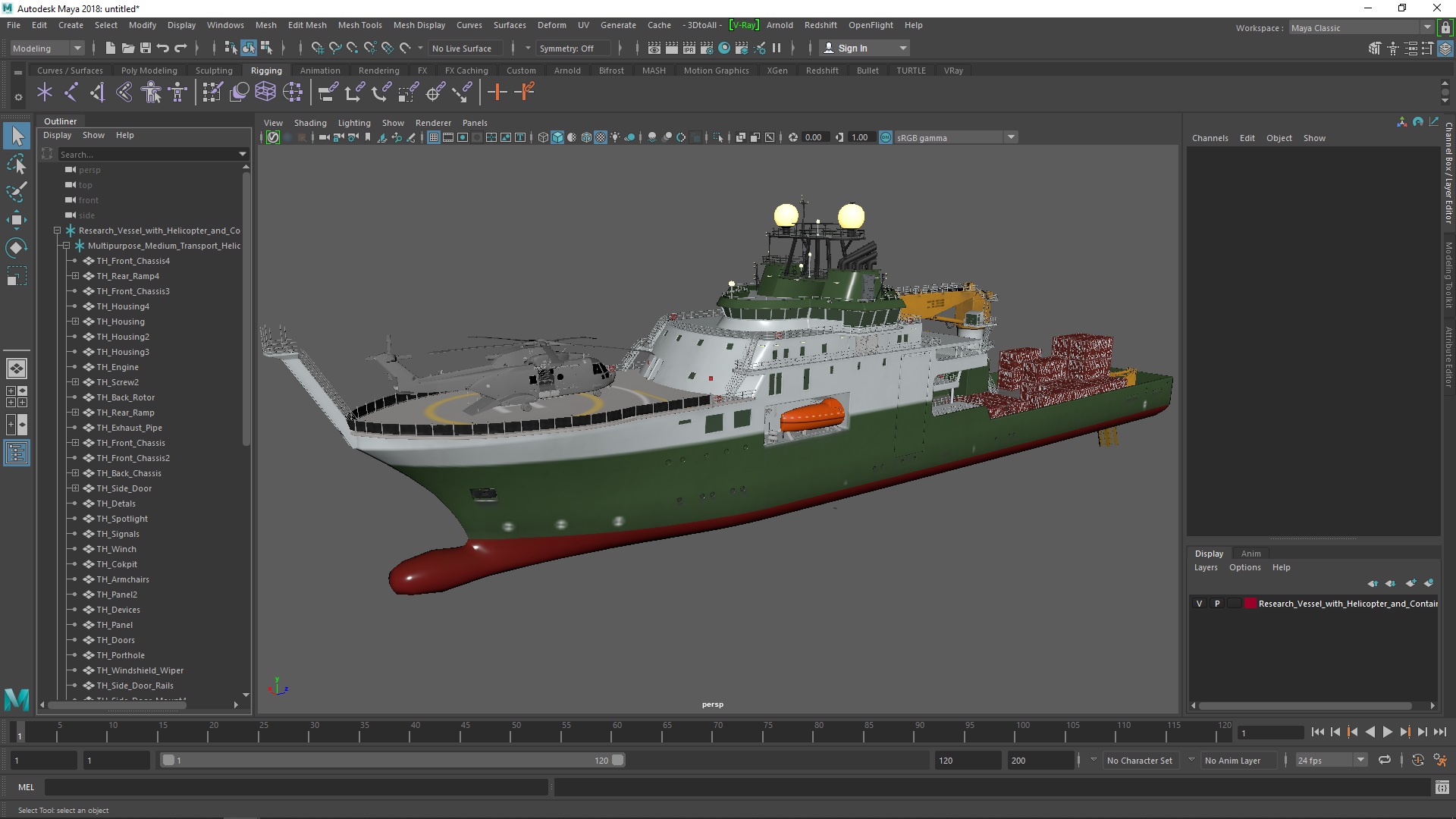 3D Research Vessel with Helicopter and Containers