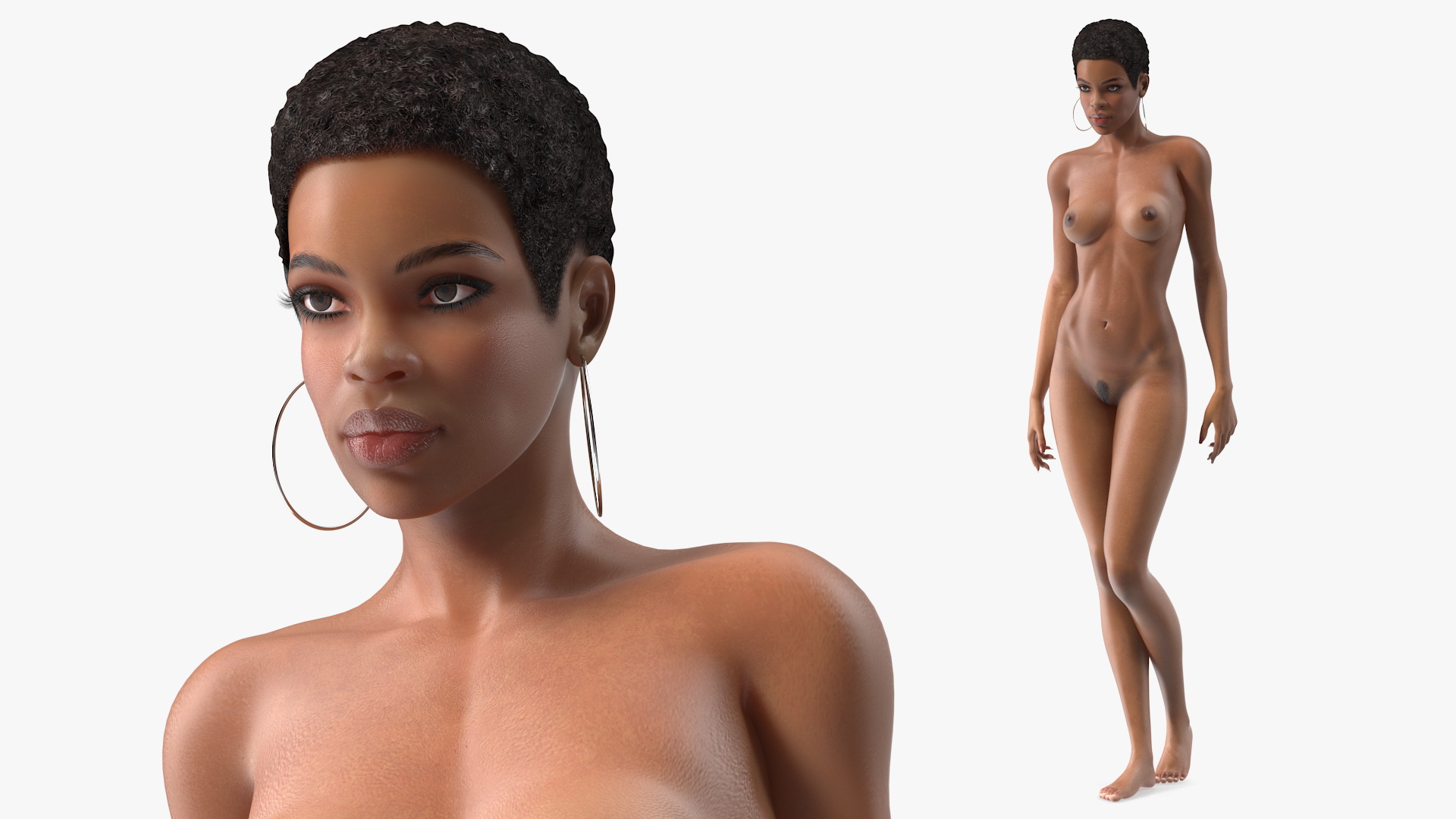 3D model Nude Light Skin Black Woman Walking Pose