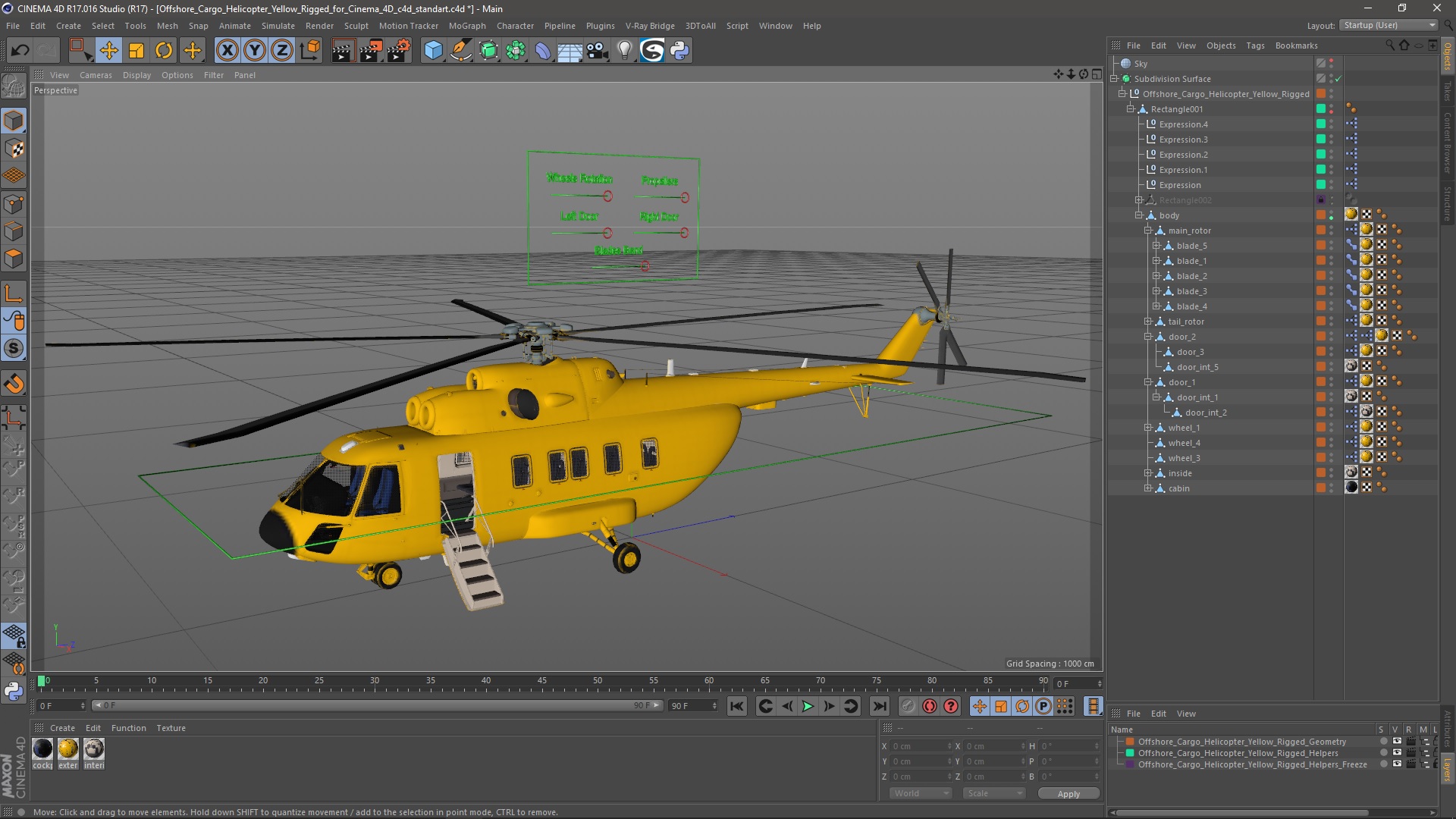 3D Offshore Cargo Helicopter Yellow Rigged for Cinema 4D model