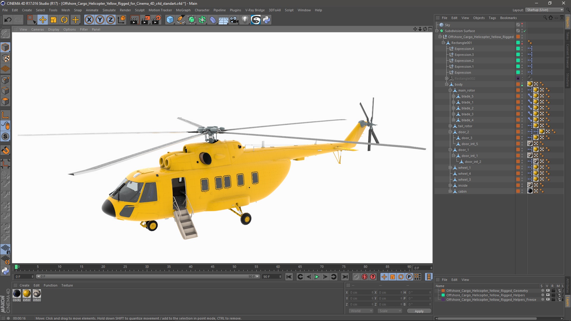 3D Offshore Cargo Helicopter Yellow Rigged for Cinema 4D model