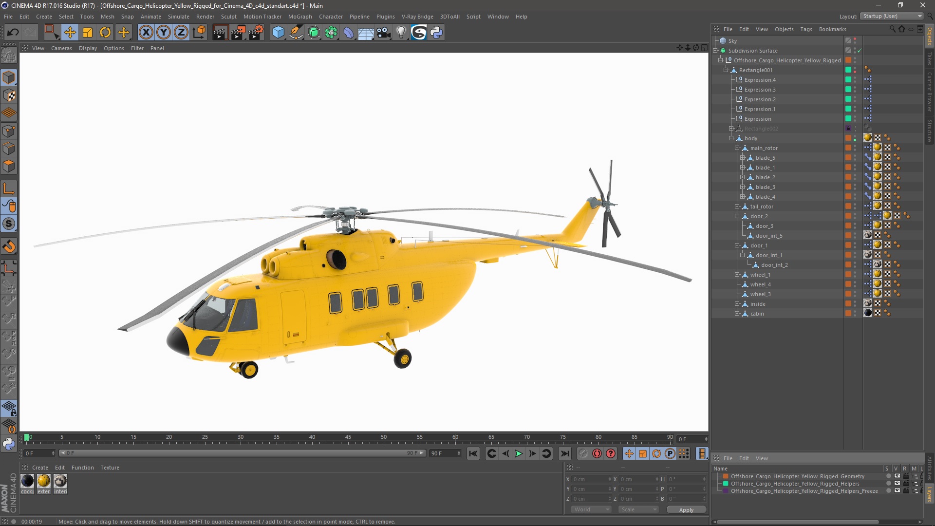 3D Offshore Cargo Helicopter Yellow Rigged for Cinema 4D model