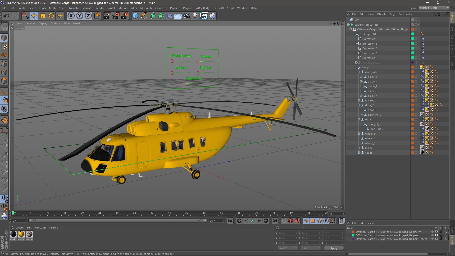 3D Offshore Cargo Helicopter Yellow Rigged for Cinema 4D model