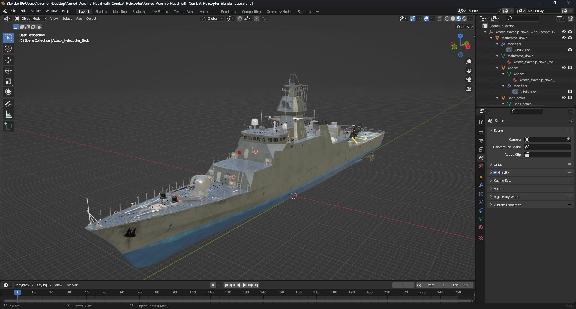 Armed Warship Naval with Combat Helicopter 3D