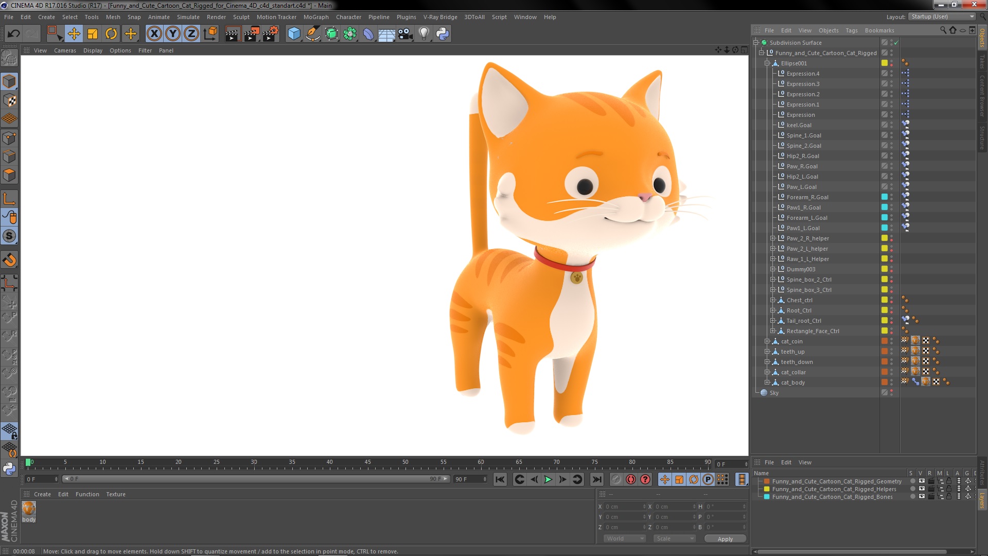 Funny and Cute Cartoon Cat Rigged for Cinema 4D 3D