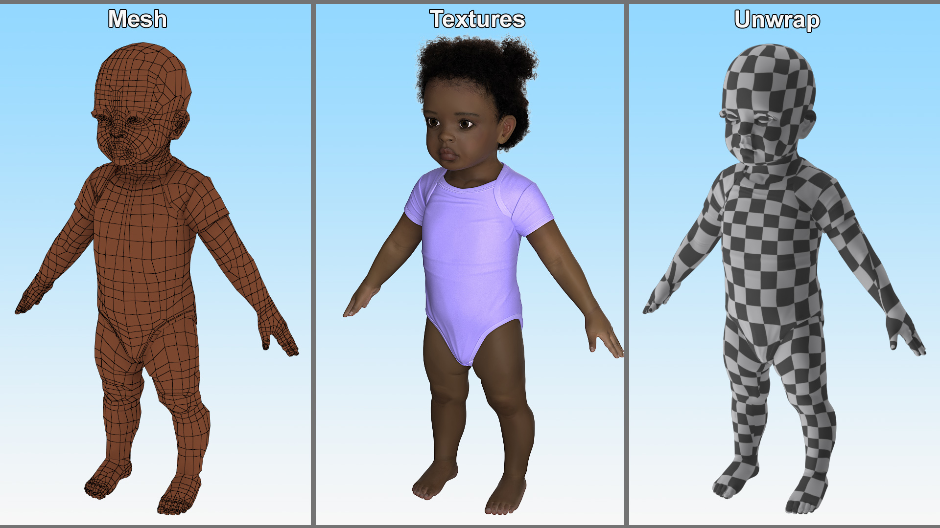 Black Baby Girl Light Skin Wearing Bodysuit A-Pose Fur 3D model