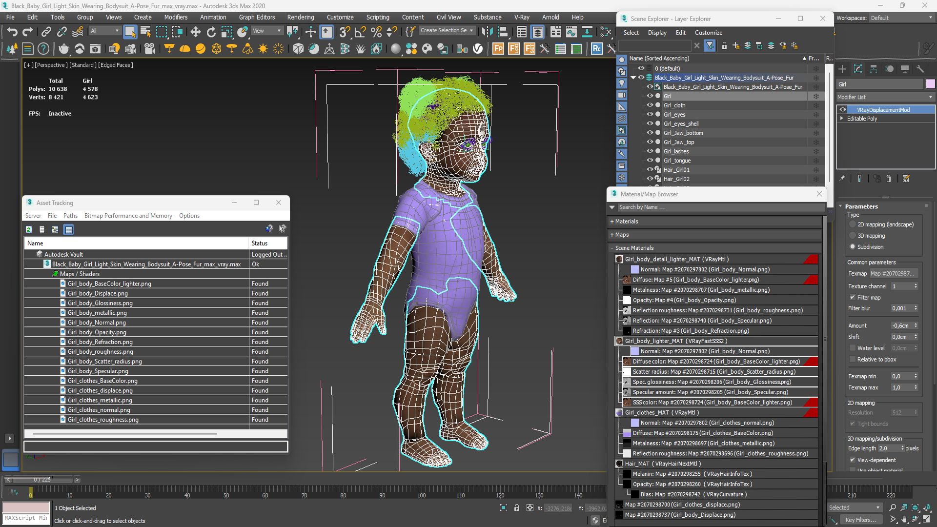 Black Baby Girl Light Skin Wearing Bodysuit A-Pose Fur 3D model