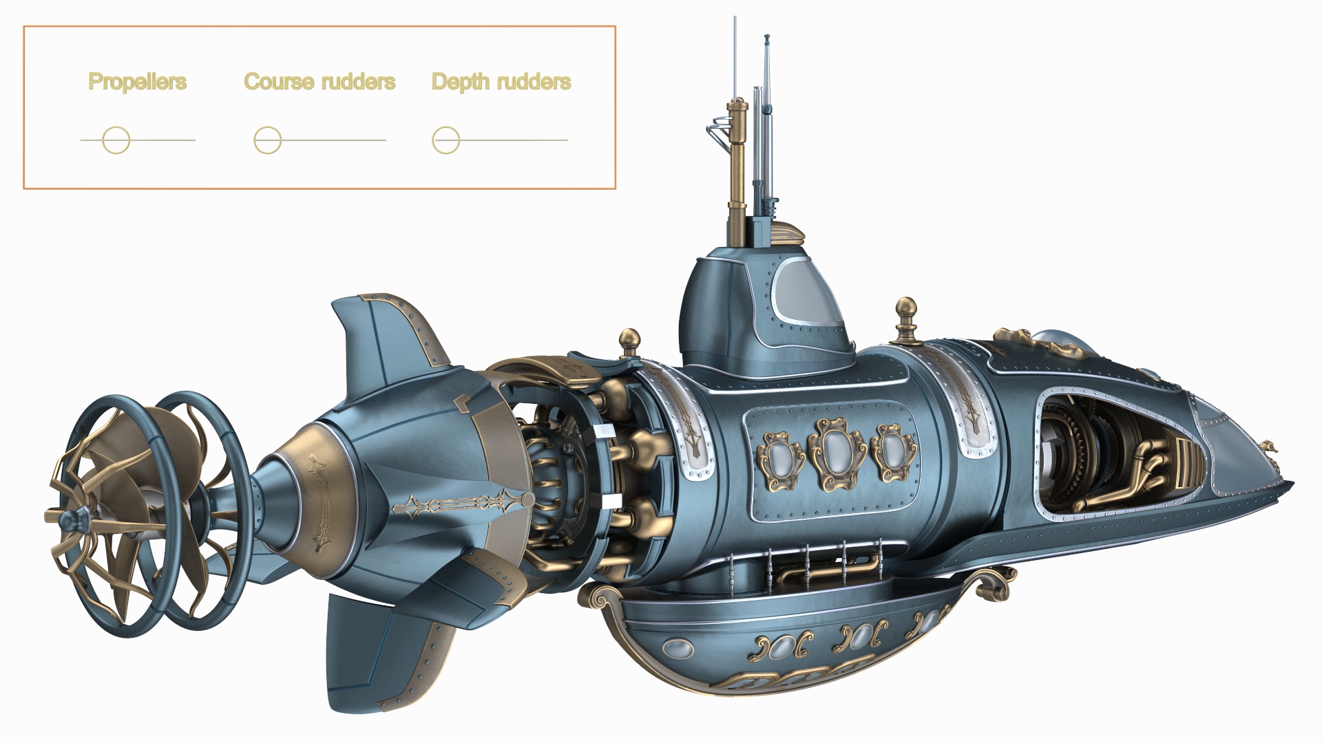 3D Steampunk Submarine Blue Rigged