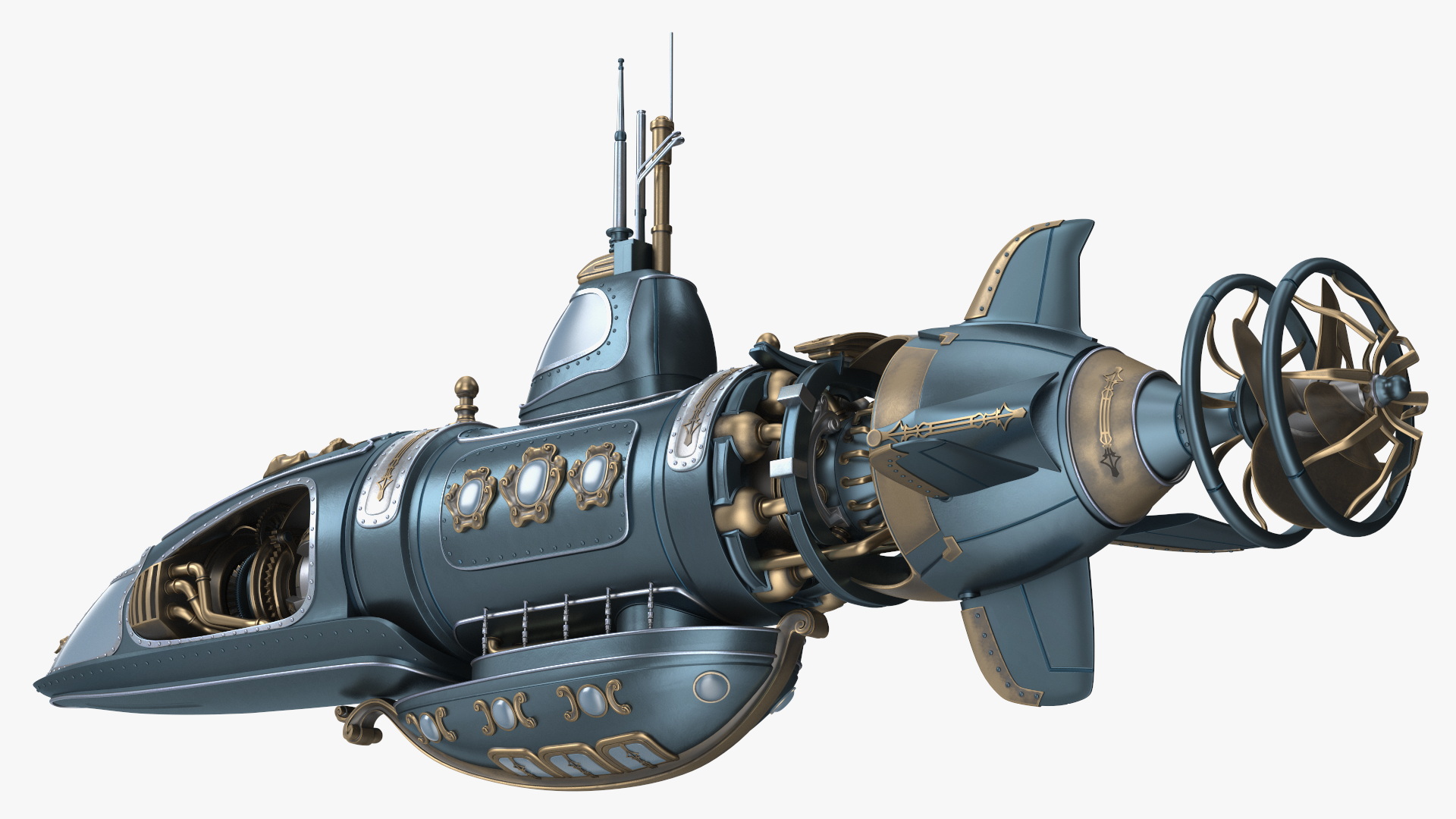 3D Steampunk Submarine Blue Rigged