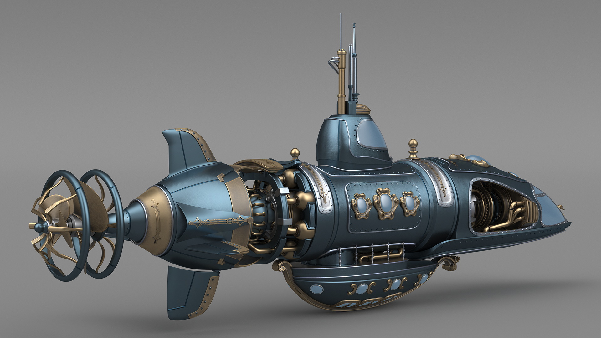 3D Steampunk Submarine Blue Rigged