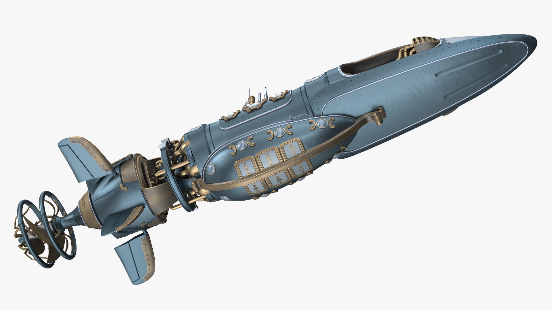 3D Steampunk Submarine Blue Rigged