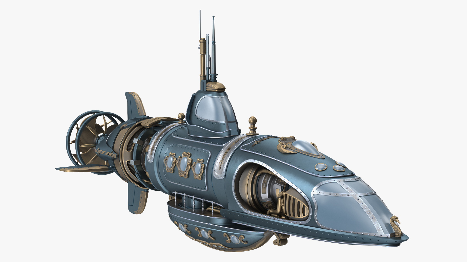 3D Steampunk Submarine Blue Rigged