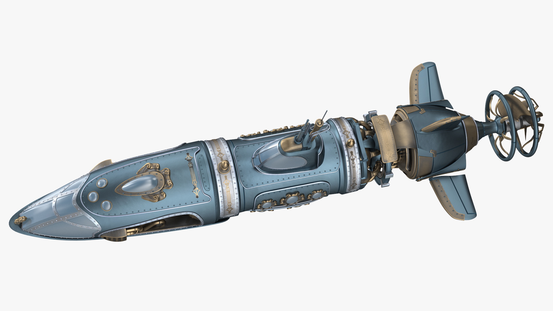 3D Steampunk Submarine Blue Rigged