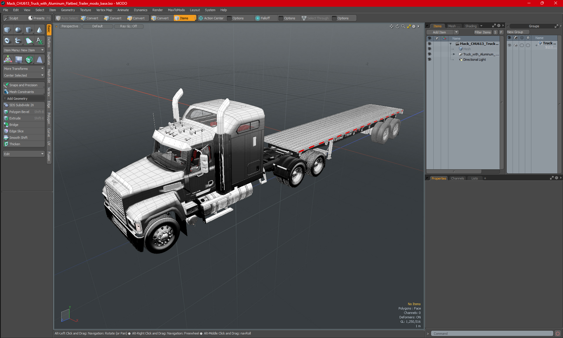 Mack CHU613 Truck with Aluminum Flatbed Trailer 3D