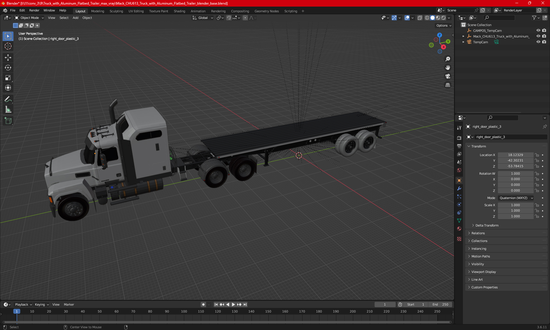 Mack CHU613 Truck with Aluminum Flatbed Trailer 3D