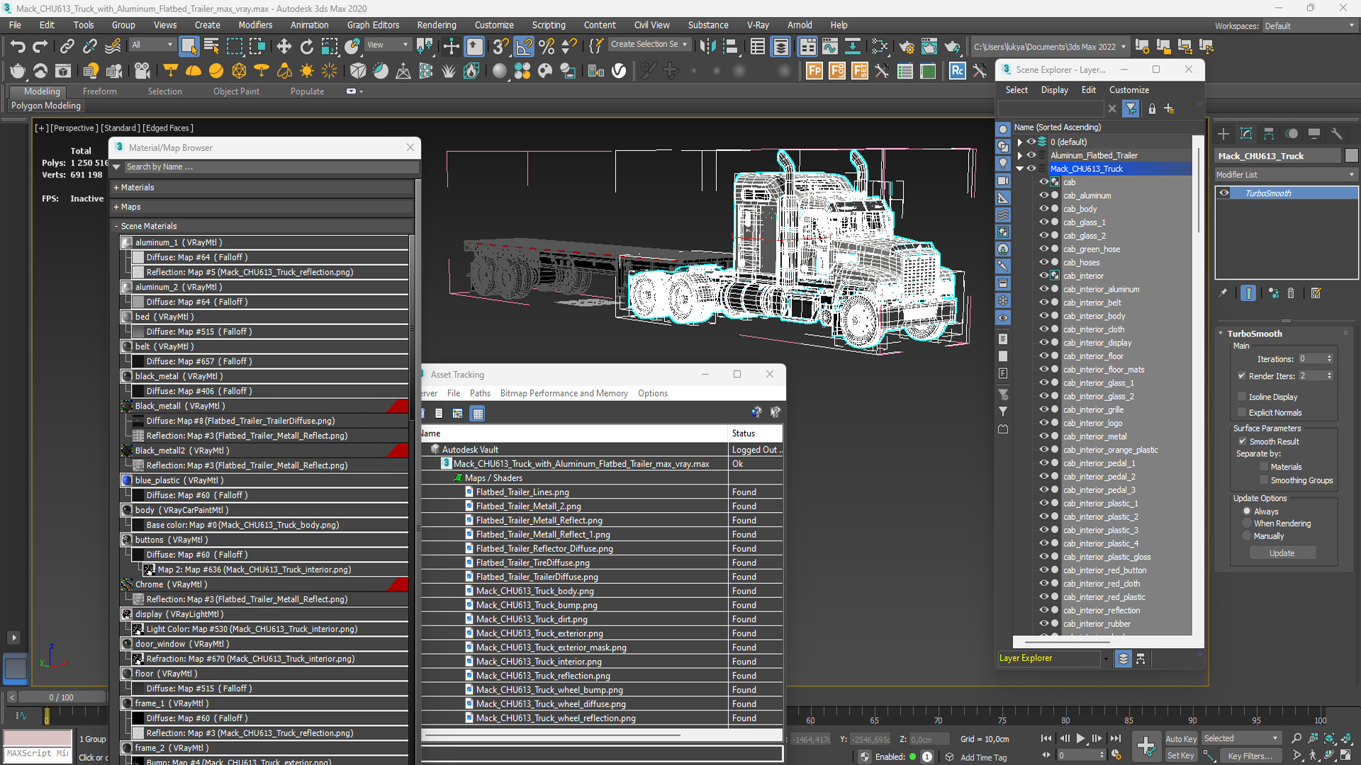 Mack CHU613 Truck with Aluminum Flatbed Trailer 3D