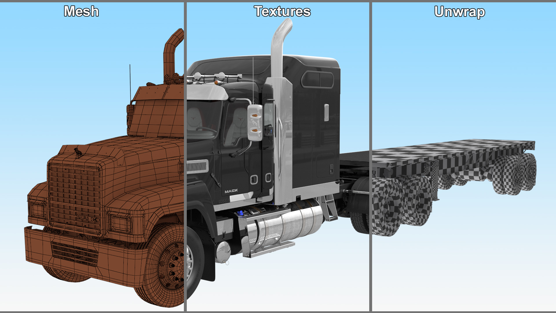 Mack CHU613 Truck with Aluminum Flatbed Trailer 3D