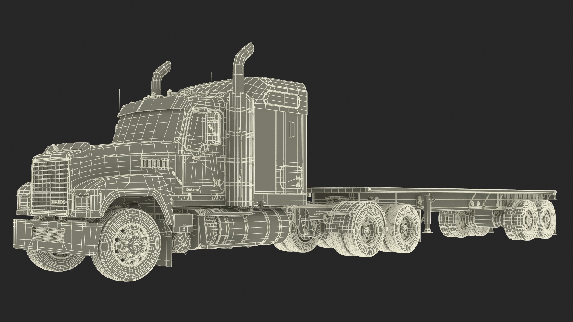 Mack CHU613 Truck with Aluminum Flatbed Trailer 3D