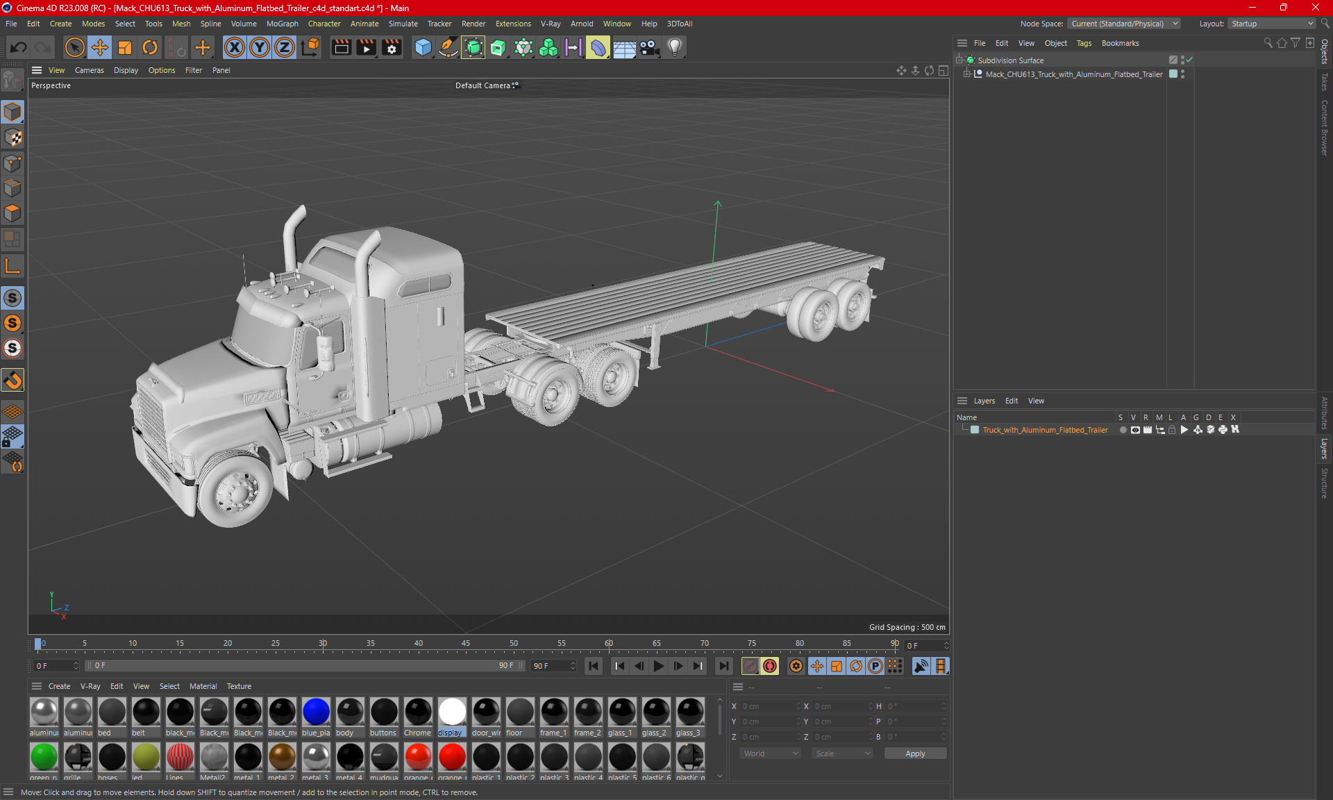 Mack CHU613 Truck with Aluminum Flatbed Trailer 3D