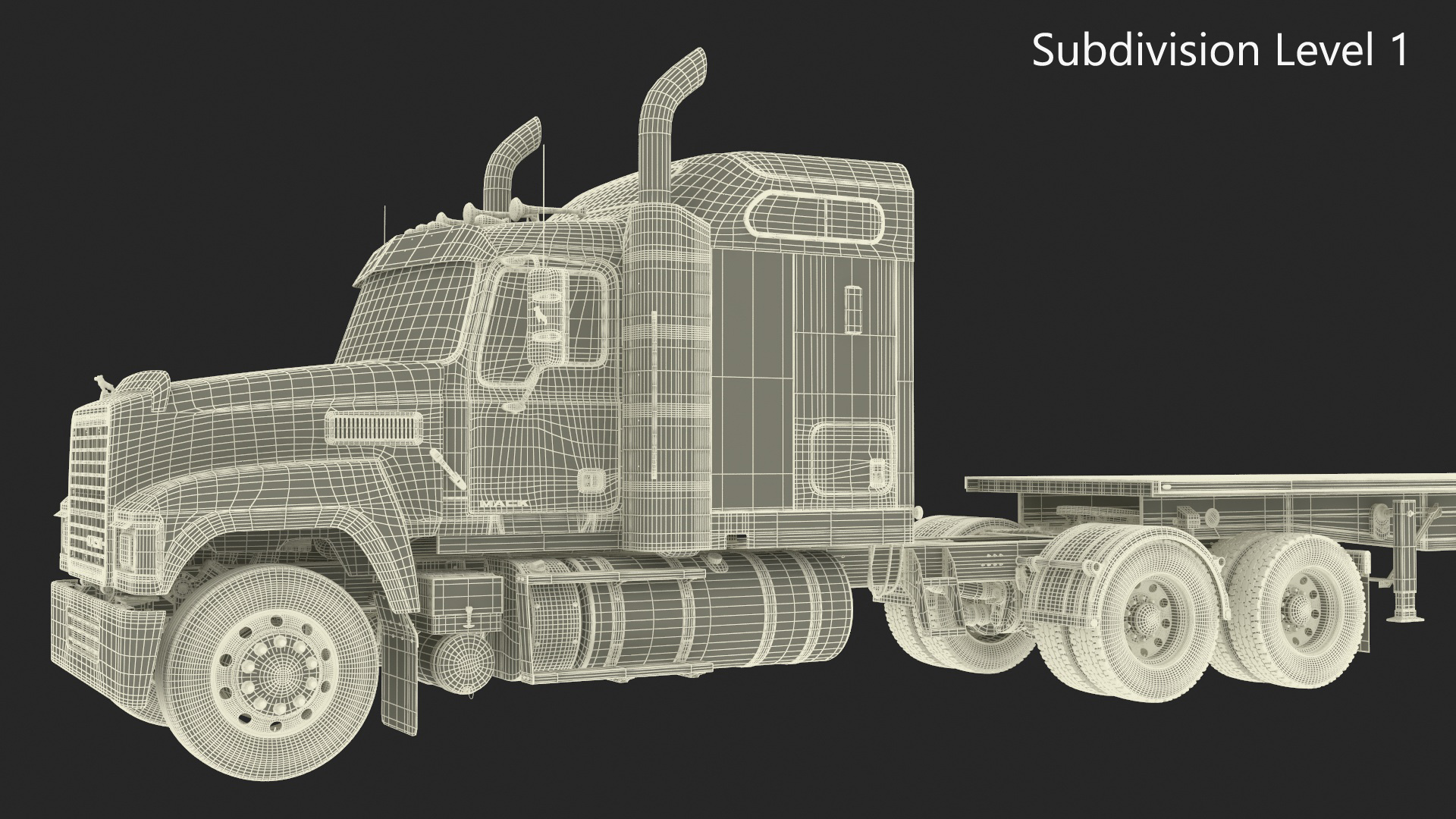 Mack CHU613 Truck with Aluminum Flatbed Trailer 3D