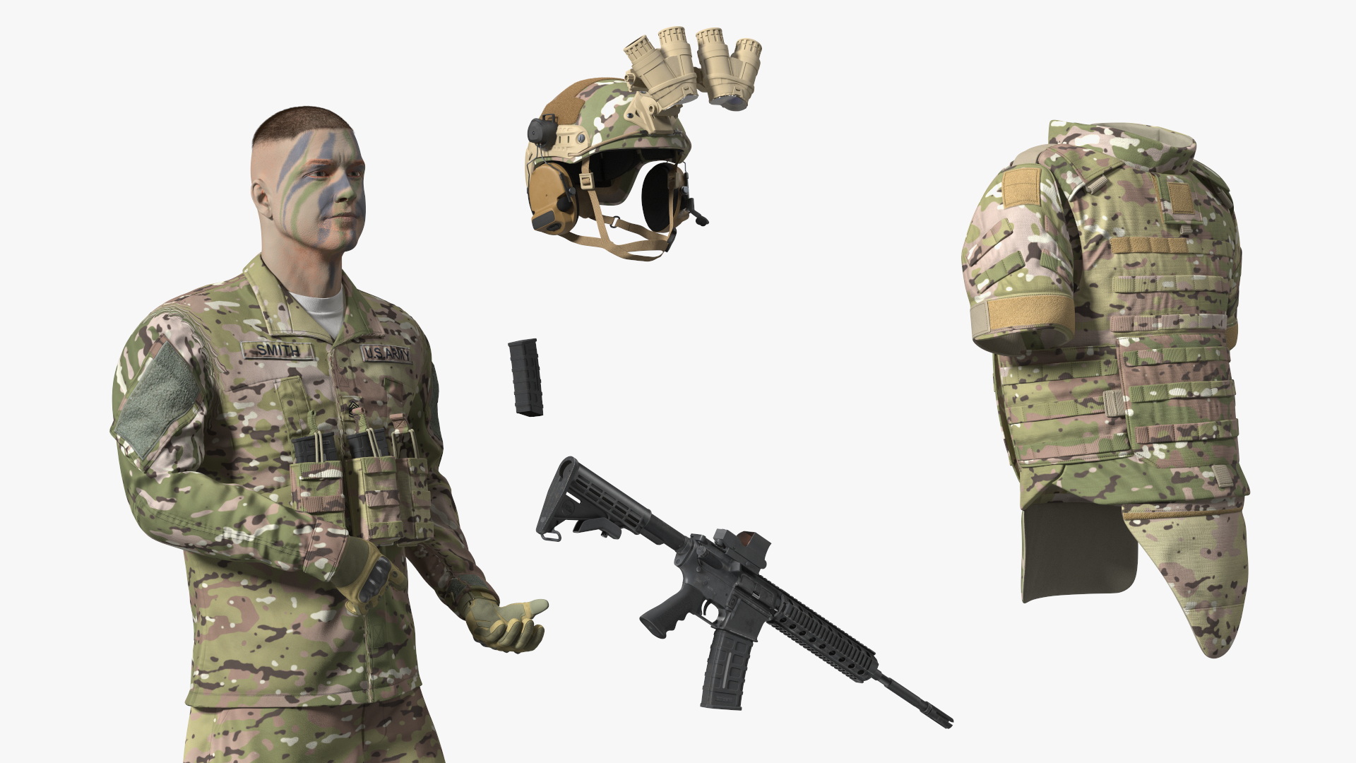 3D model Soldier in Night Vision Goggles Green Camo Standing Fur