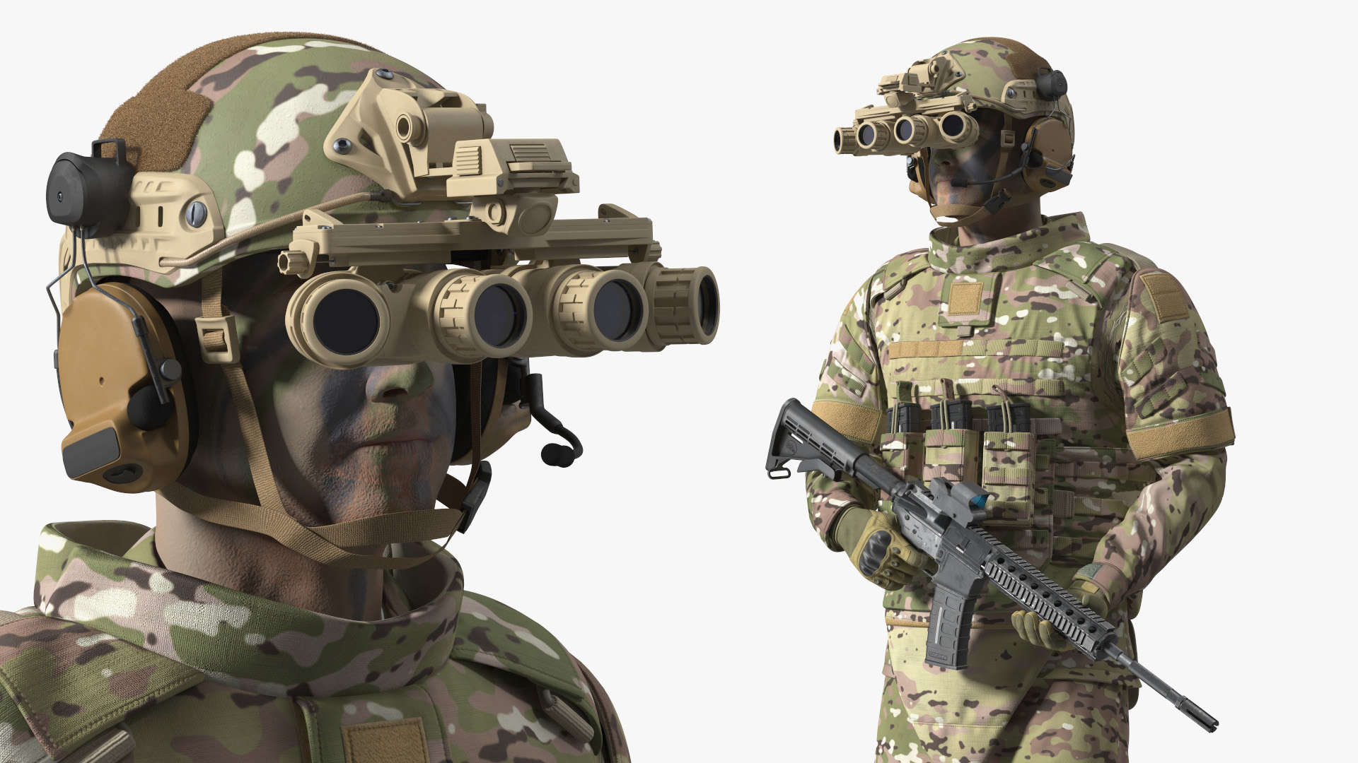 3D model Soldier in Night Vision Goggles Green Camo Standing Fur