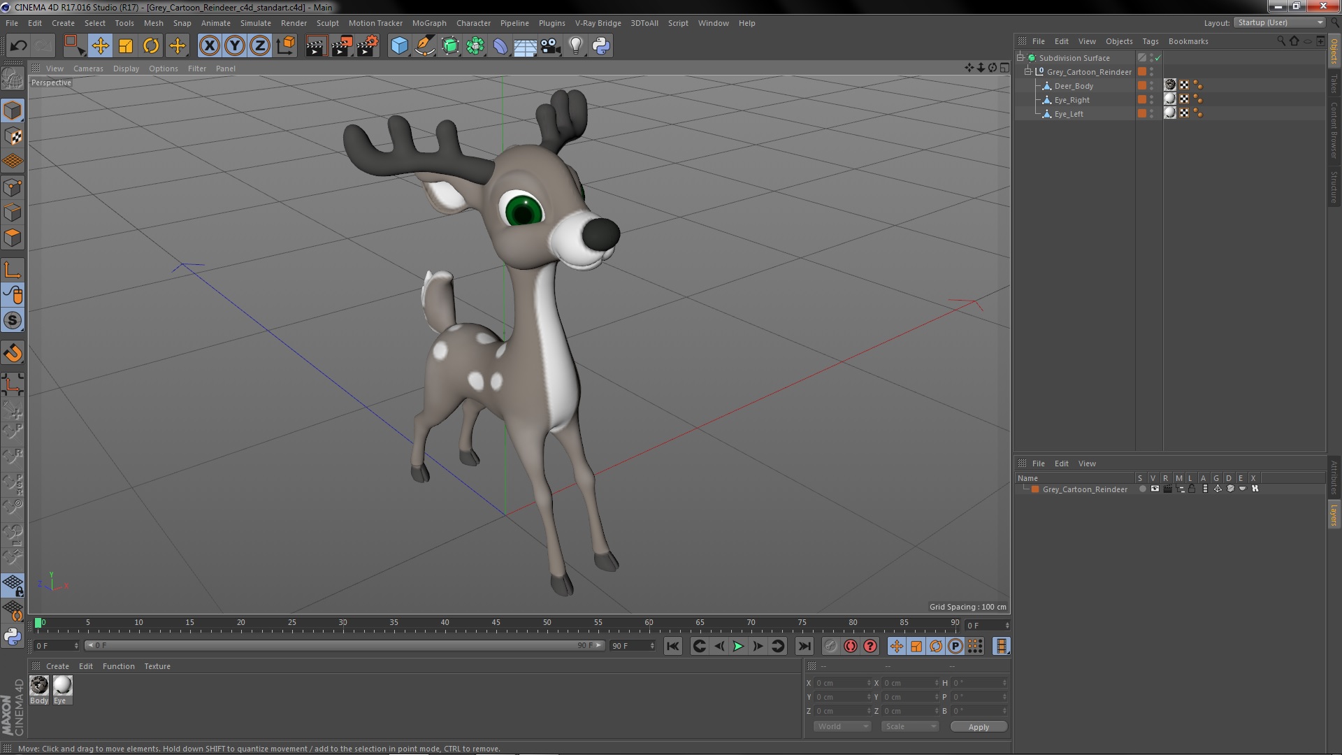 3D Grey Cartoon Reindeer