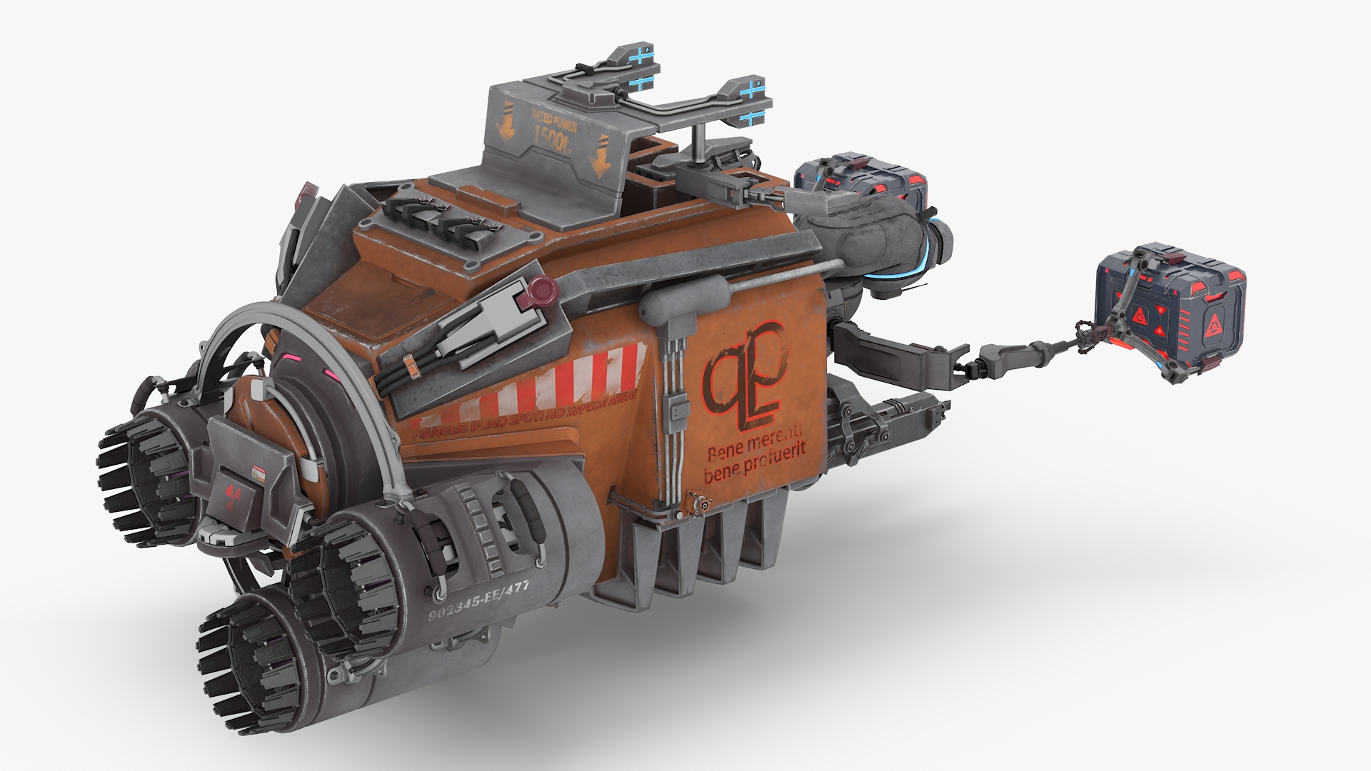 3D Futuristic Spacecraft with Mechanical Arms and Sci-Fi Container model