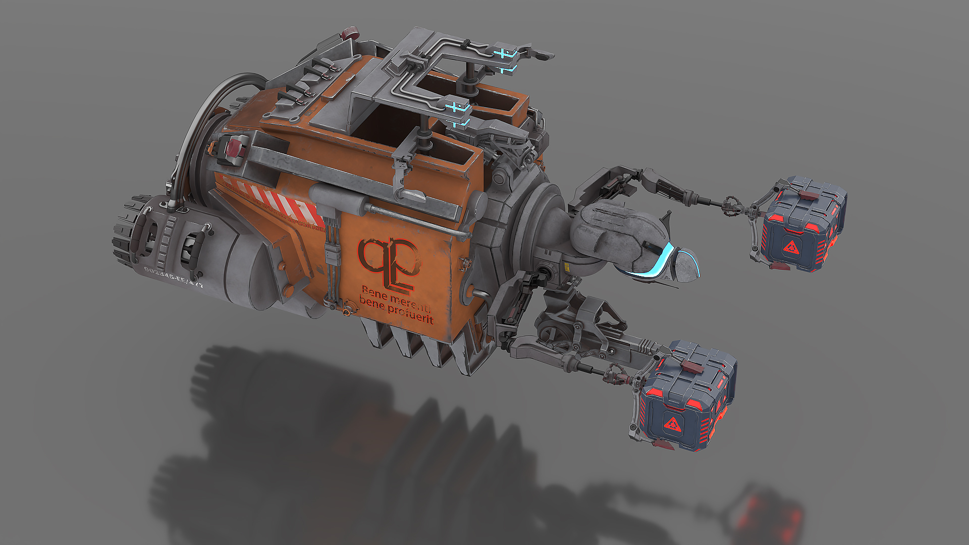 3D Futuristic Spacecraft with Mechanical Arms and Sci-Fi Container model