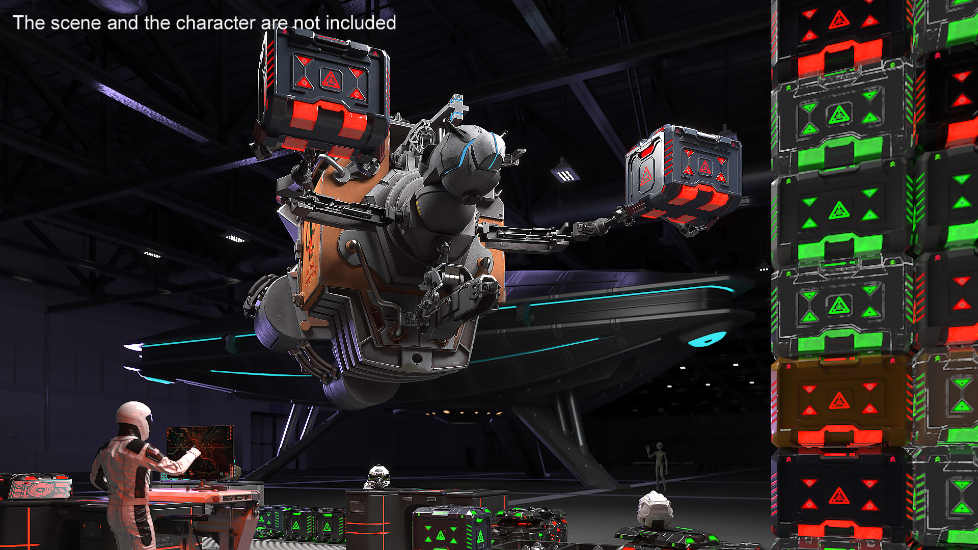 3D Futuristic Spacecraft with Mechanical Arms and Sci-Fi Container model